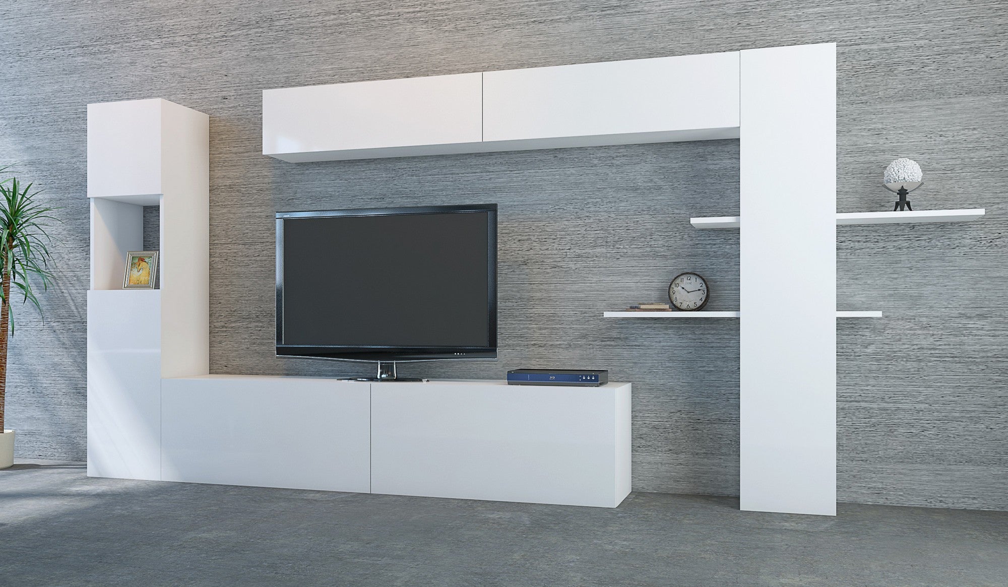Móvel de TV moderno – 215 cm de largura, 150 cm de altura – Branco – Painel de partículas revestido de melamina