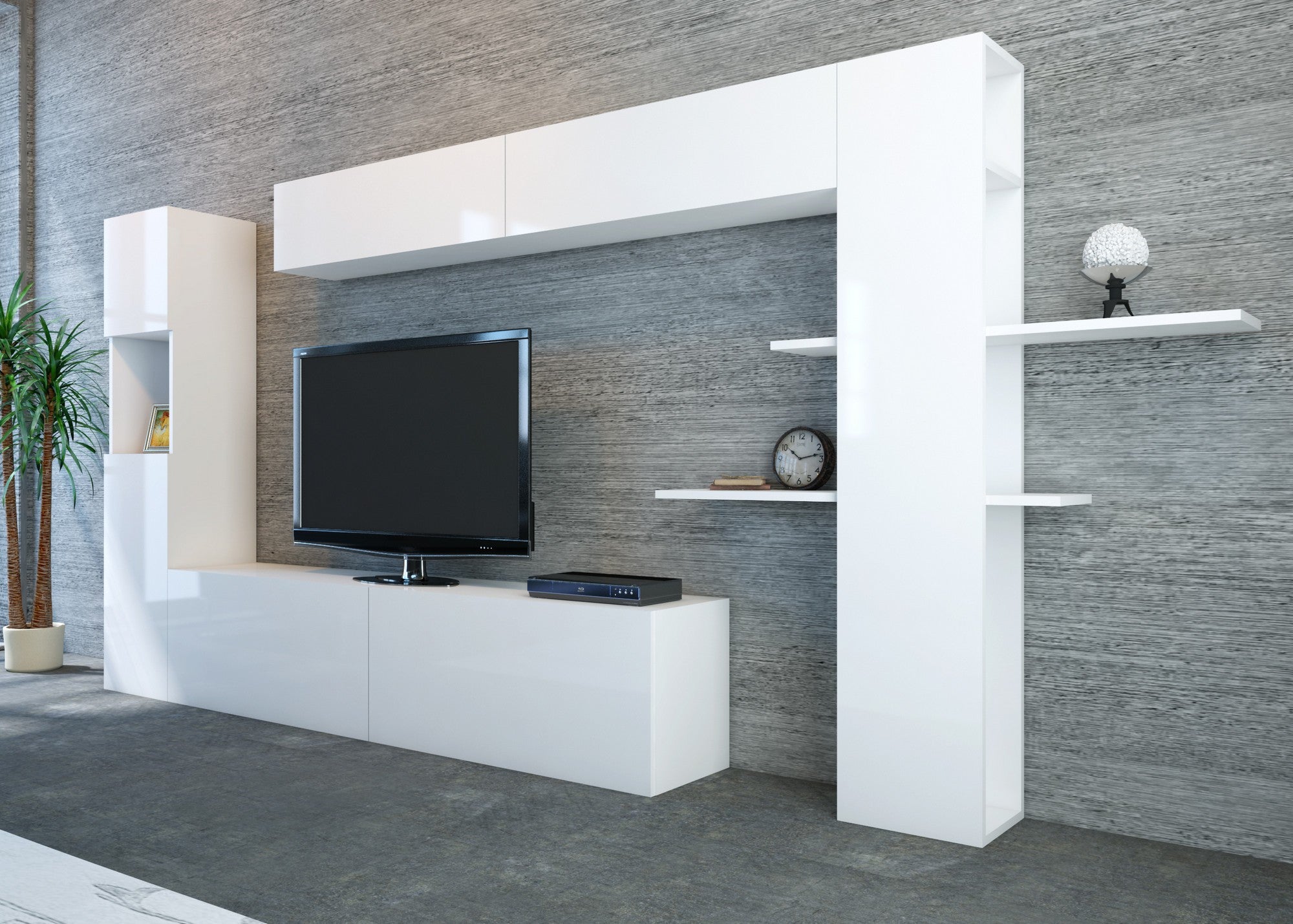 Móvel de TV moderno – 215 cm de largura, 150 cm de altura – Branco – Painel de partículas revestido de melamina