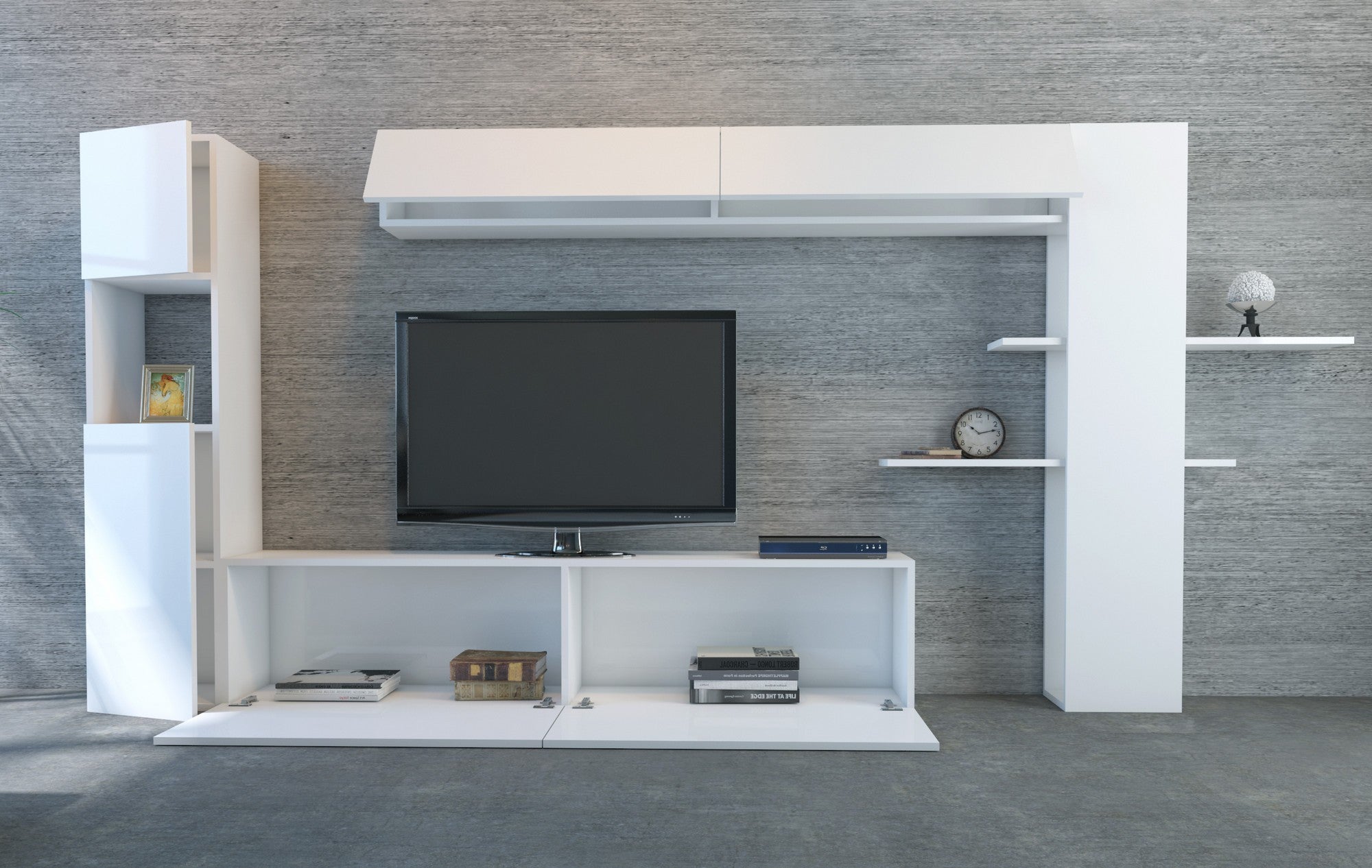 Móvel de TV moderno – 215 cm de largura, 150 cm de altura – Branco – Painel de partículas revestido de melamina