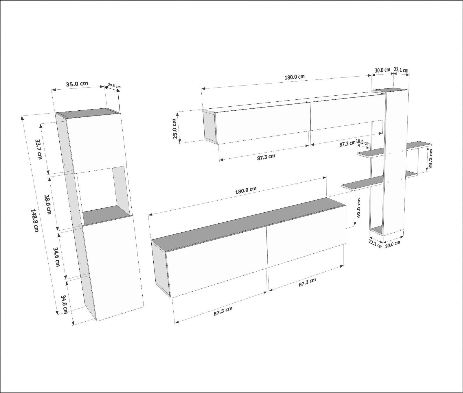 Móvel de TV moderno – 215 cm de largura, 150 cm de altura – Branco – Painel de partículas revestido de melamina