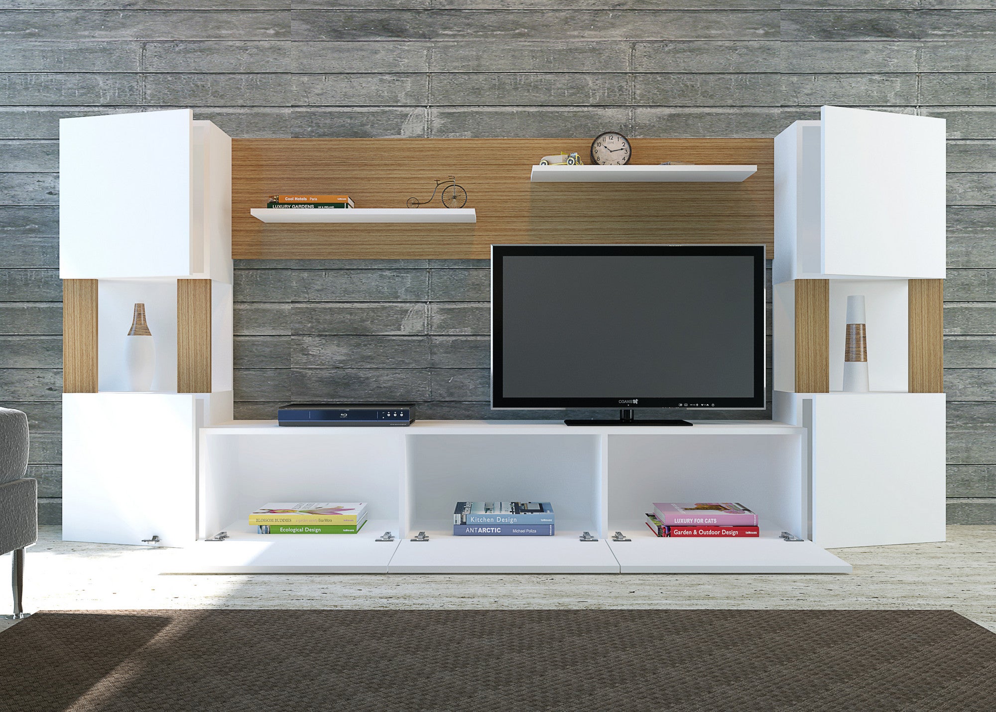 Móvel de TV moderno – 160 x 125 x 31,5 cm – Branco e Teca – Painel de partículas revestido a melamina