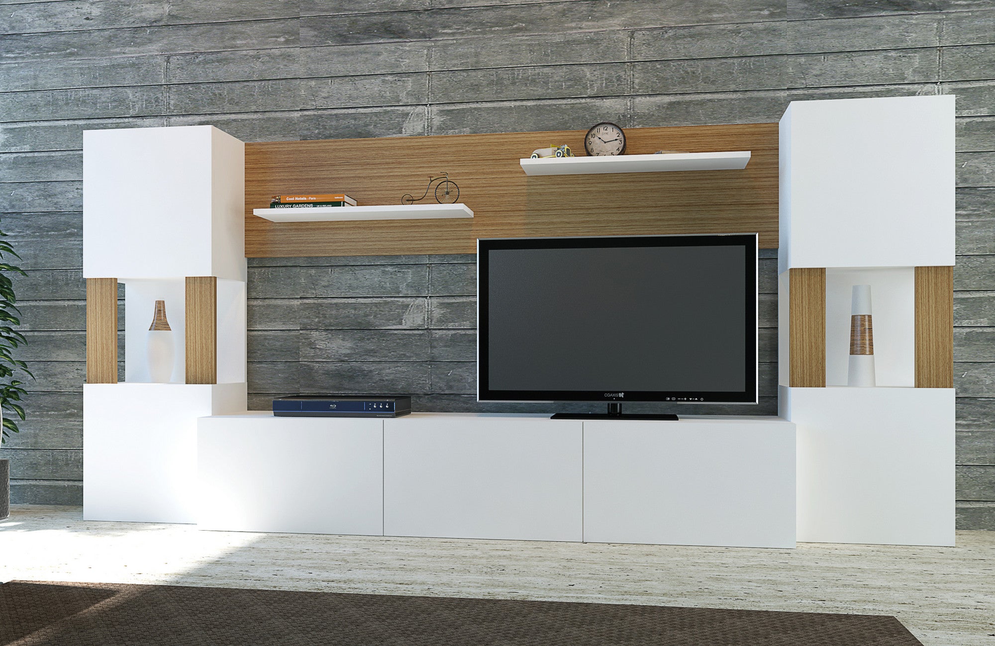 Móvel de TV moderno – 160 x 125 x 31,5 cm – Branco e Teca – Painel de partículas revestido a melamina