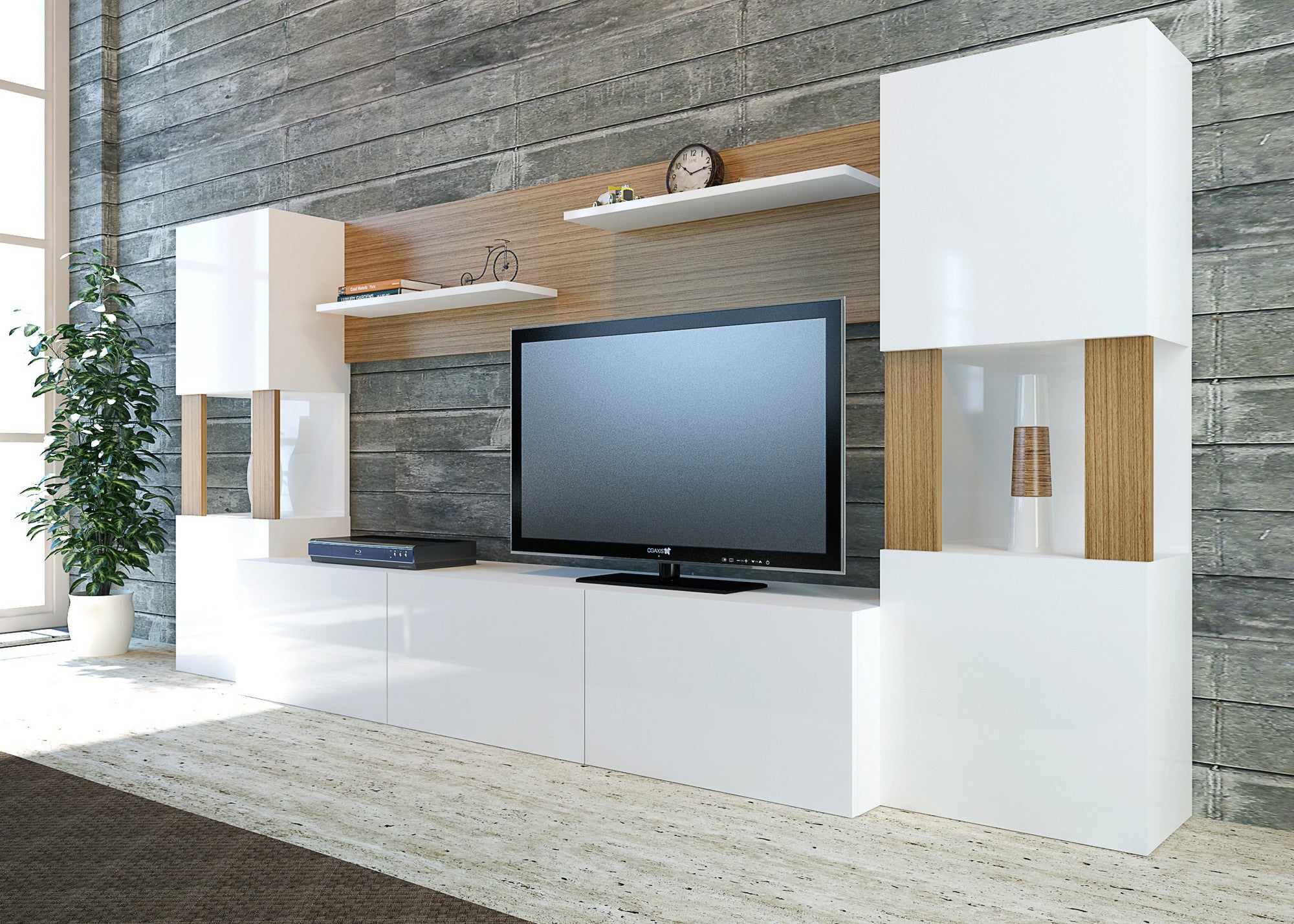 Móvel de TV moderno – 160 x 125 x 31,5 cm – Branco e Teca – Painel de partículas revestido a melamina