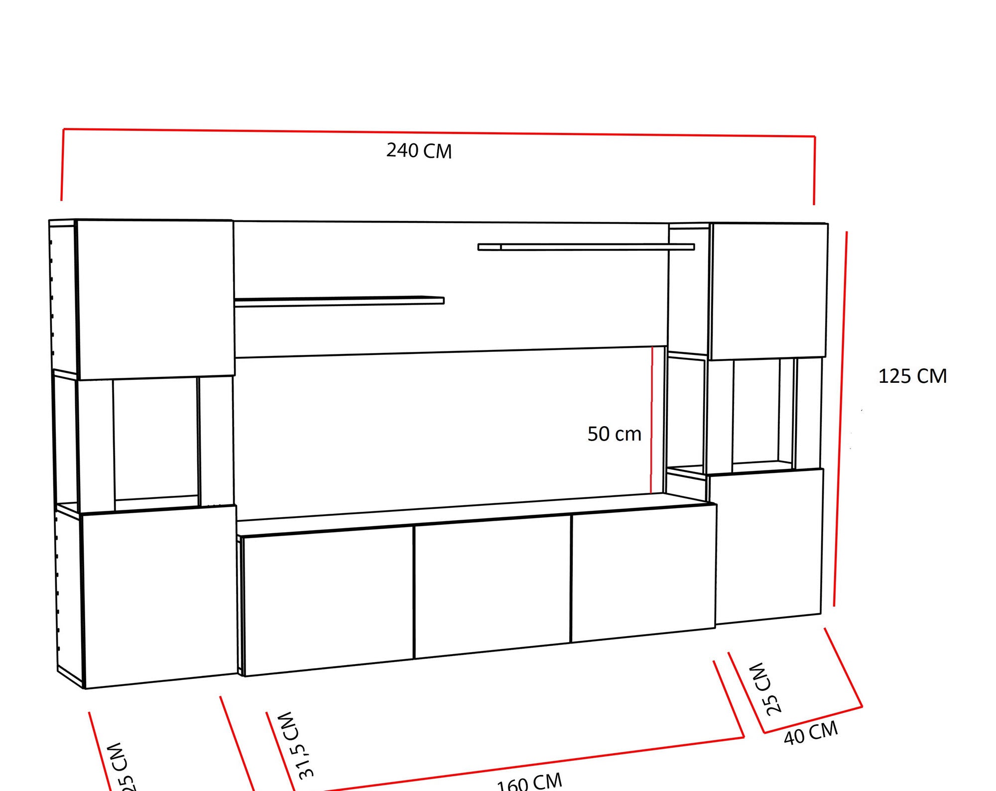 Móvel de TV moderno – 160 x 125 x 31,5 cm – Branco e Teca – Painel de partículas revestido a melamina