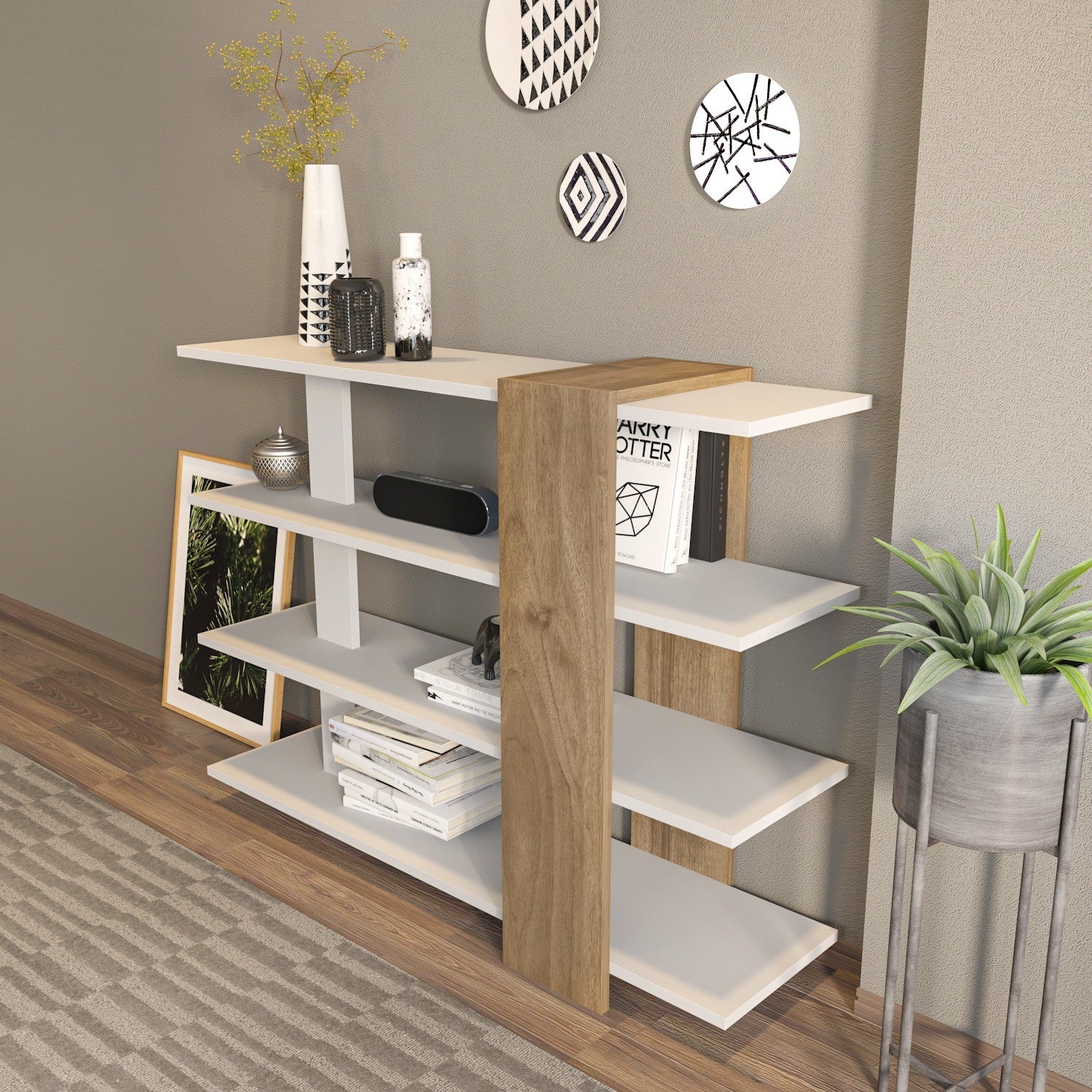 Estante Moderna Escandinava – 120 x 90 x 30 cm – Branco e Nogueira – Painel de partículas revestido a melamina