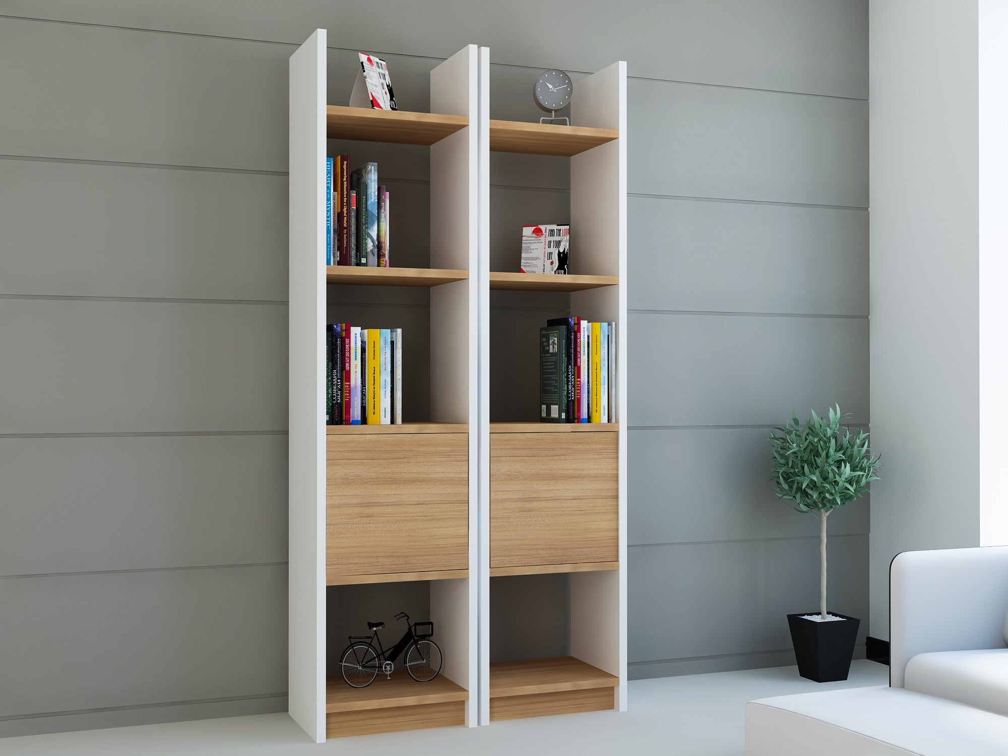 Estante Escandinava Moderna – 66,2 x 150 x 29,5 cm – Branco e Teca – Painel de Partículas Revestido com Melamina