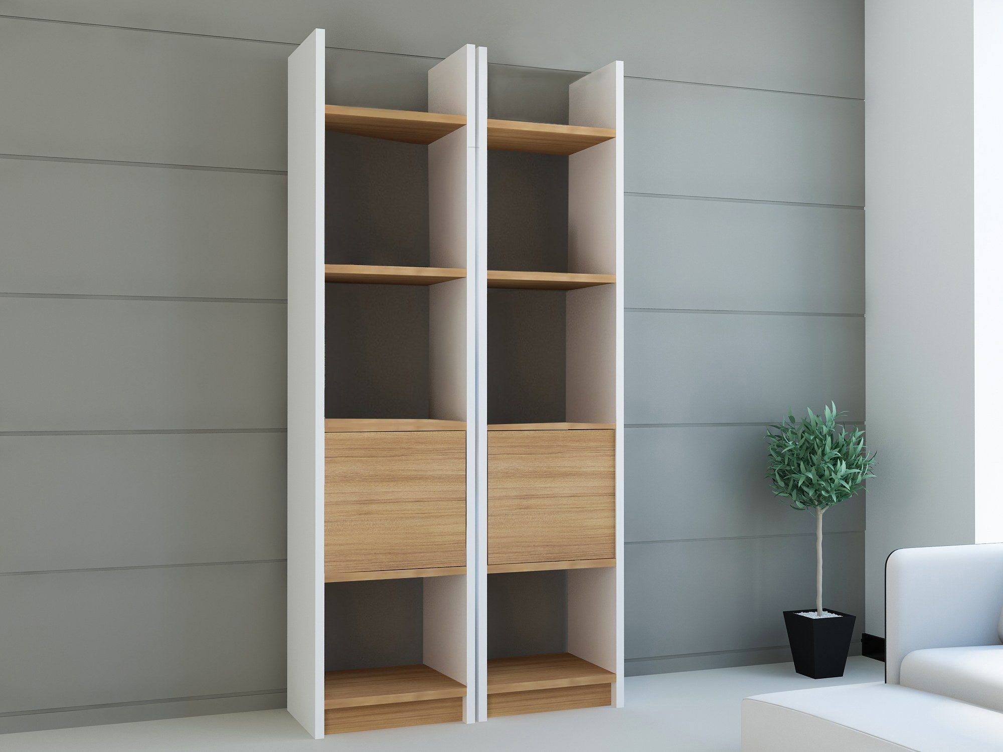 Estante Escandinava Moderna – 66,2 x 150 x 29,5 cm – Branco e Teca – Painel de Partículas Revestido com Melamina