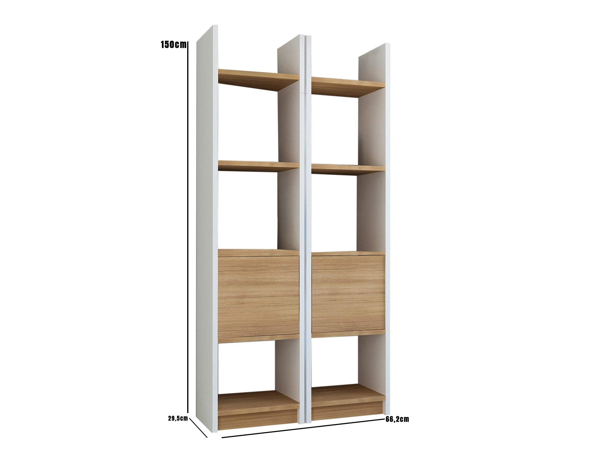 Estante Escandinava Moderna – 66,2 x 150 x 29,5 cm – Branco e Teca – Painel de Partículas Revestido com Melamina