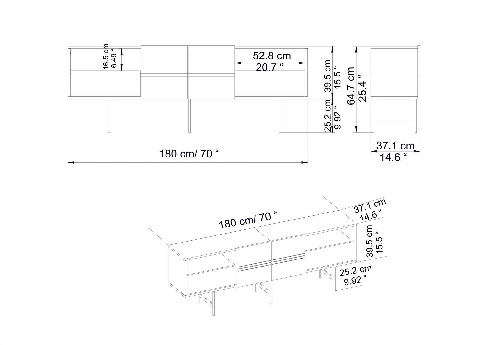 Móvel de TV moderno – 180 cm – Preto e mármore – Painel de partículas revestido de melamina