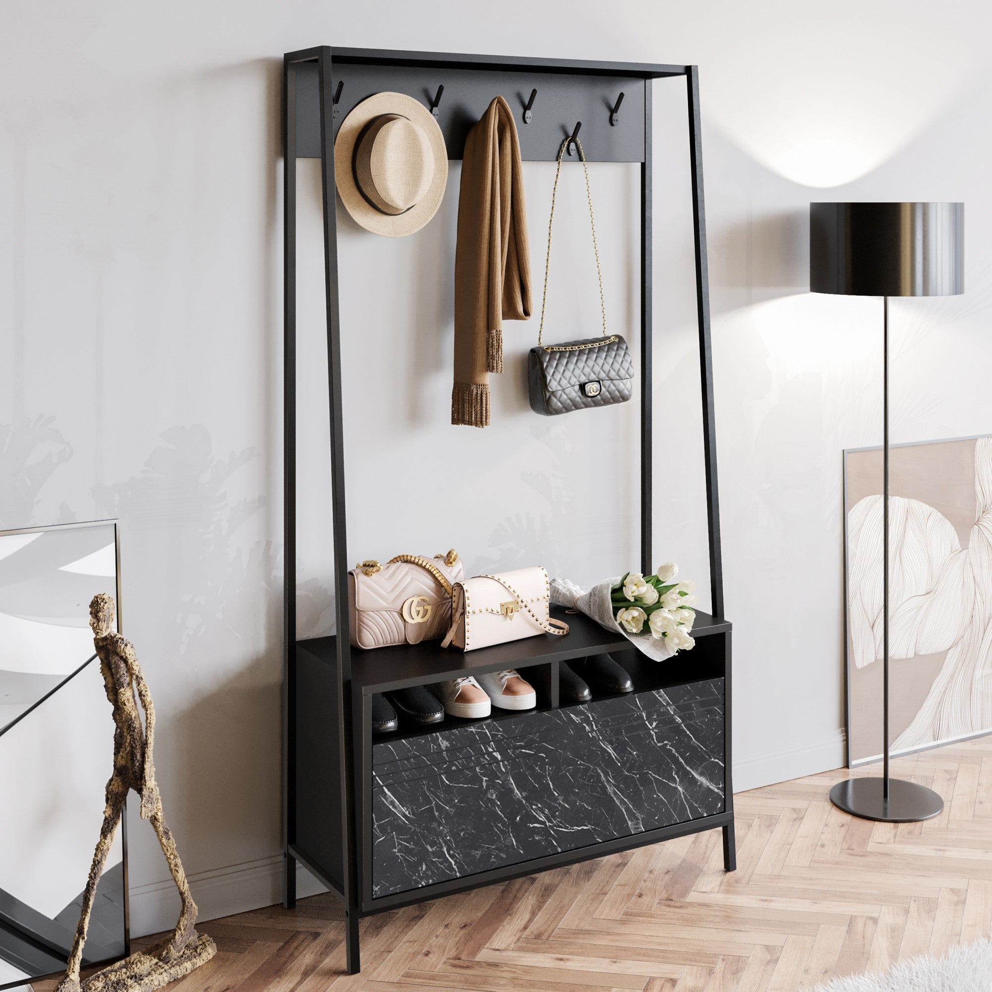 Conjunto para hall de entrada – 94 cm x 180 cm x 35,3 cm – Preto – Painel de partículas revestido a melamina