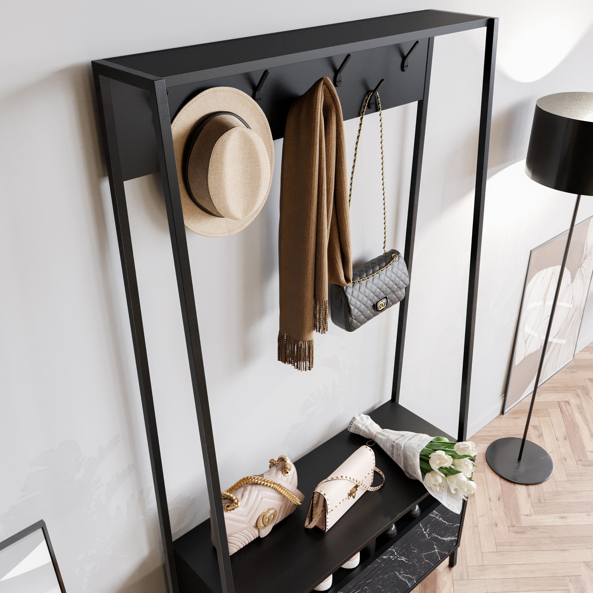 Conjunto para hall de entrada – 94 cm x 180 cm x 35,3 cm – Preto – Painel de partículas revestido a melamina