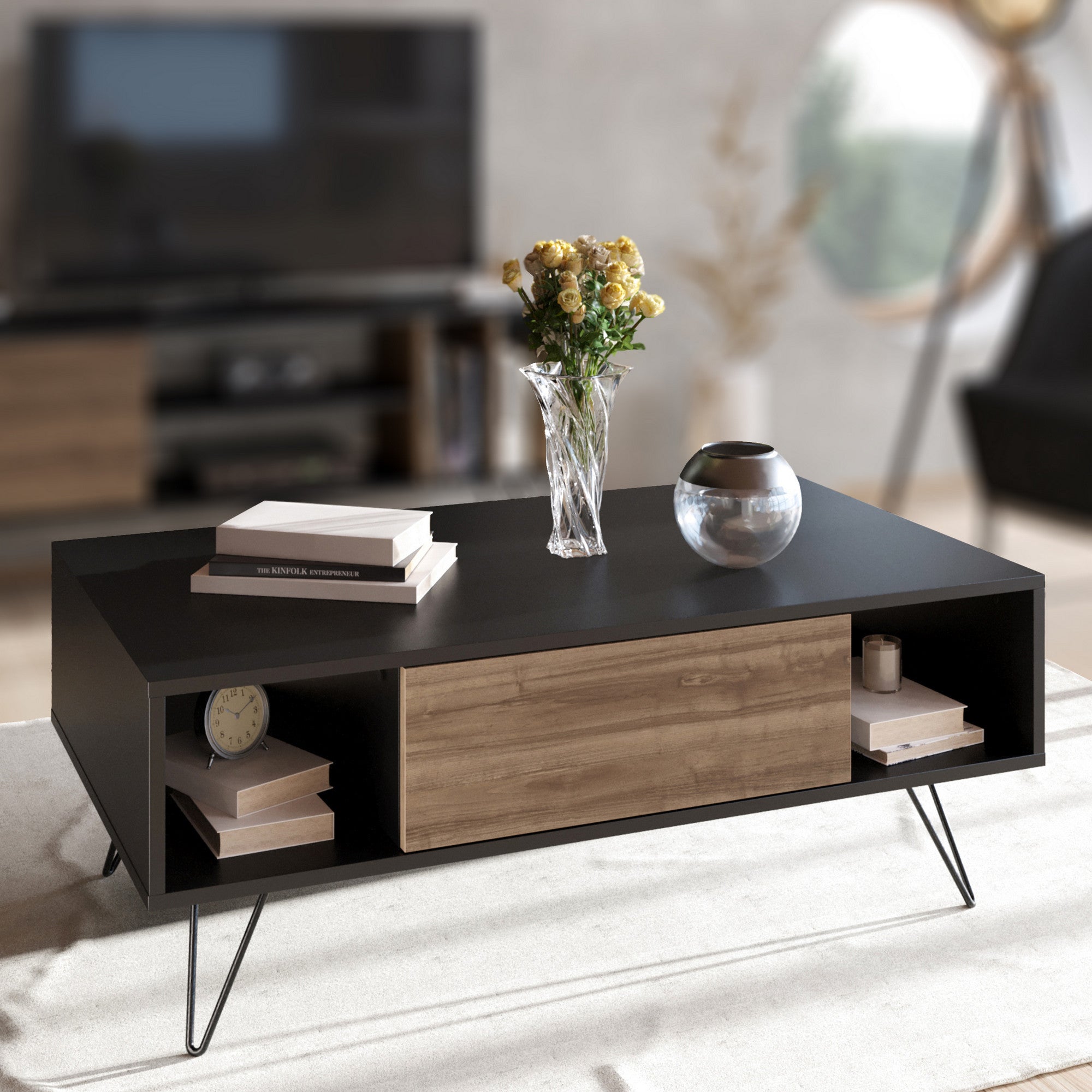 Mesa de Centro Moderna – 120 x 60 x 45,6 cm – Preto e Nogueira – 100% Melamina