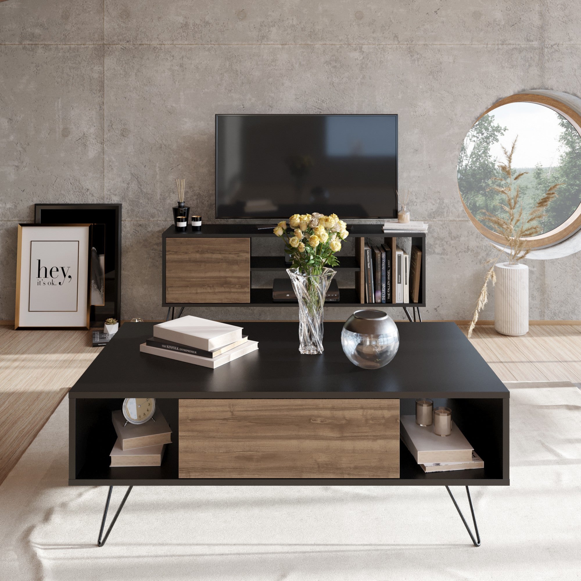 Mesa de Centro Moderna – 120 x 60 x 45,6 cm – Preto e Nogueira – 100% Melamina