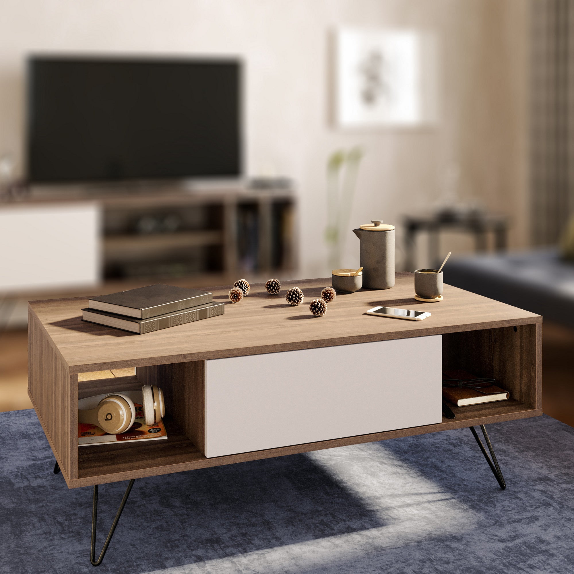 Mesa de Centro Moderna – 120 x 60 x 45,6 cm – Nogueira e Branco – Melamina