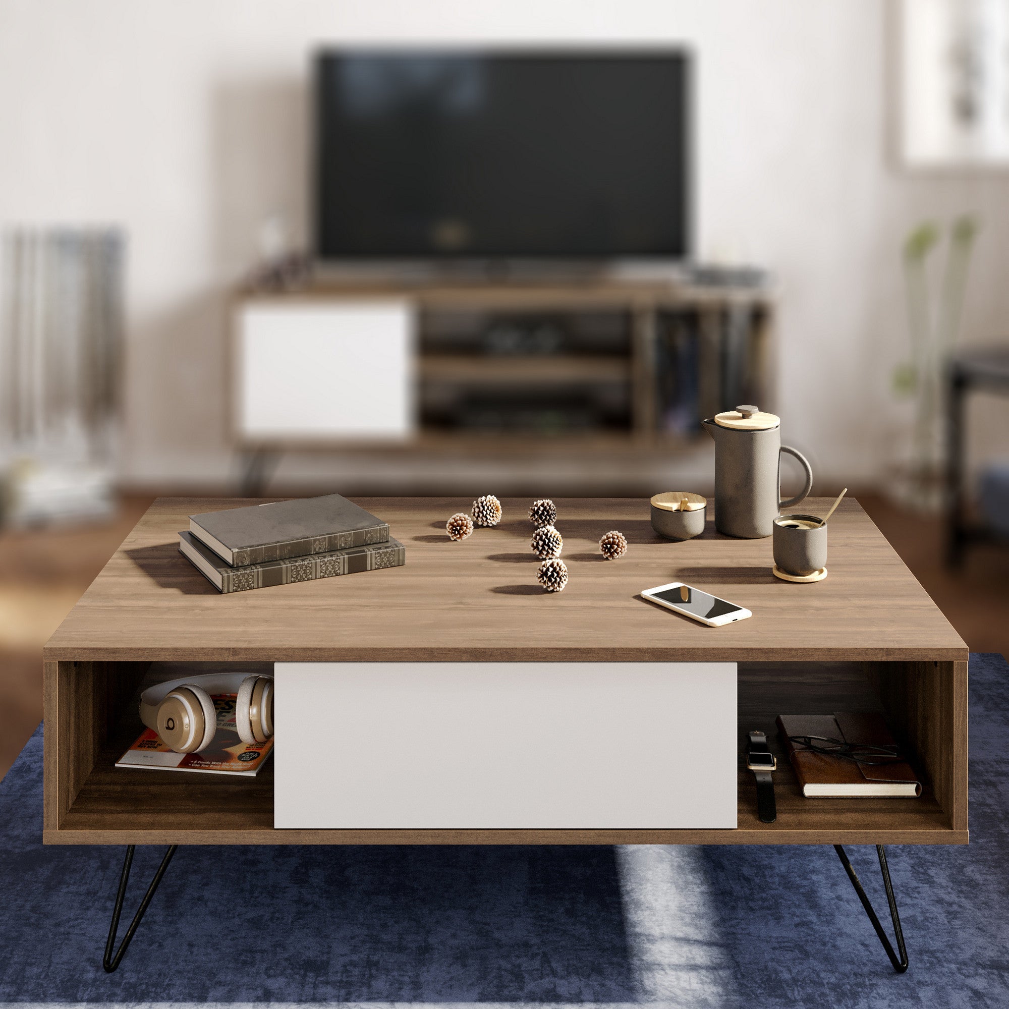 Mesa de Centro Moderna – 120 x 60 x 45,6 cm – Nogueira e Branco – Melamina