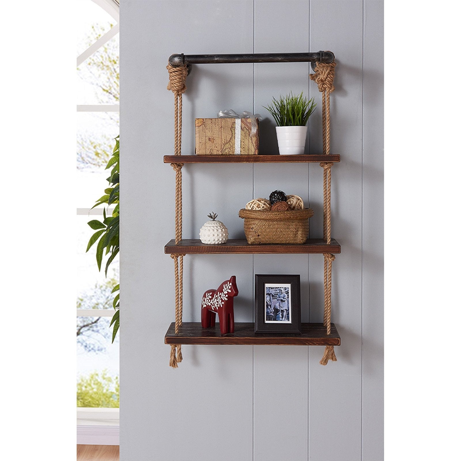 Prateleira de parede – 60cm x 120cm x 13cm – Nogueira e Preto – Madeira de abeto e metal