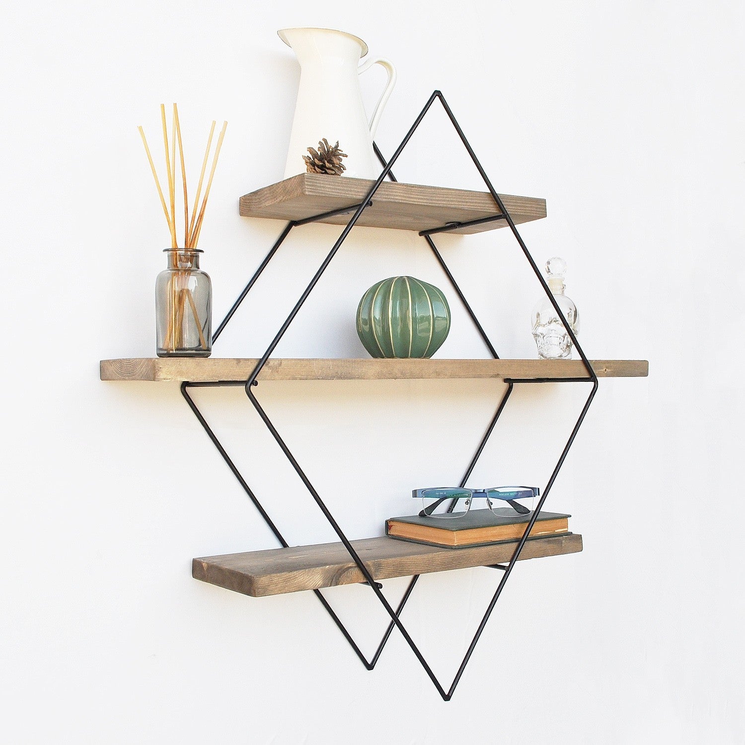 Prateleira decorativa de parede – 60 cm x 60 cm x 14 cm – Nogueira e Preto – Madeira de Abeto