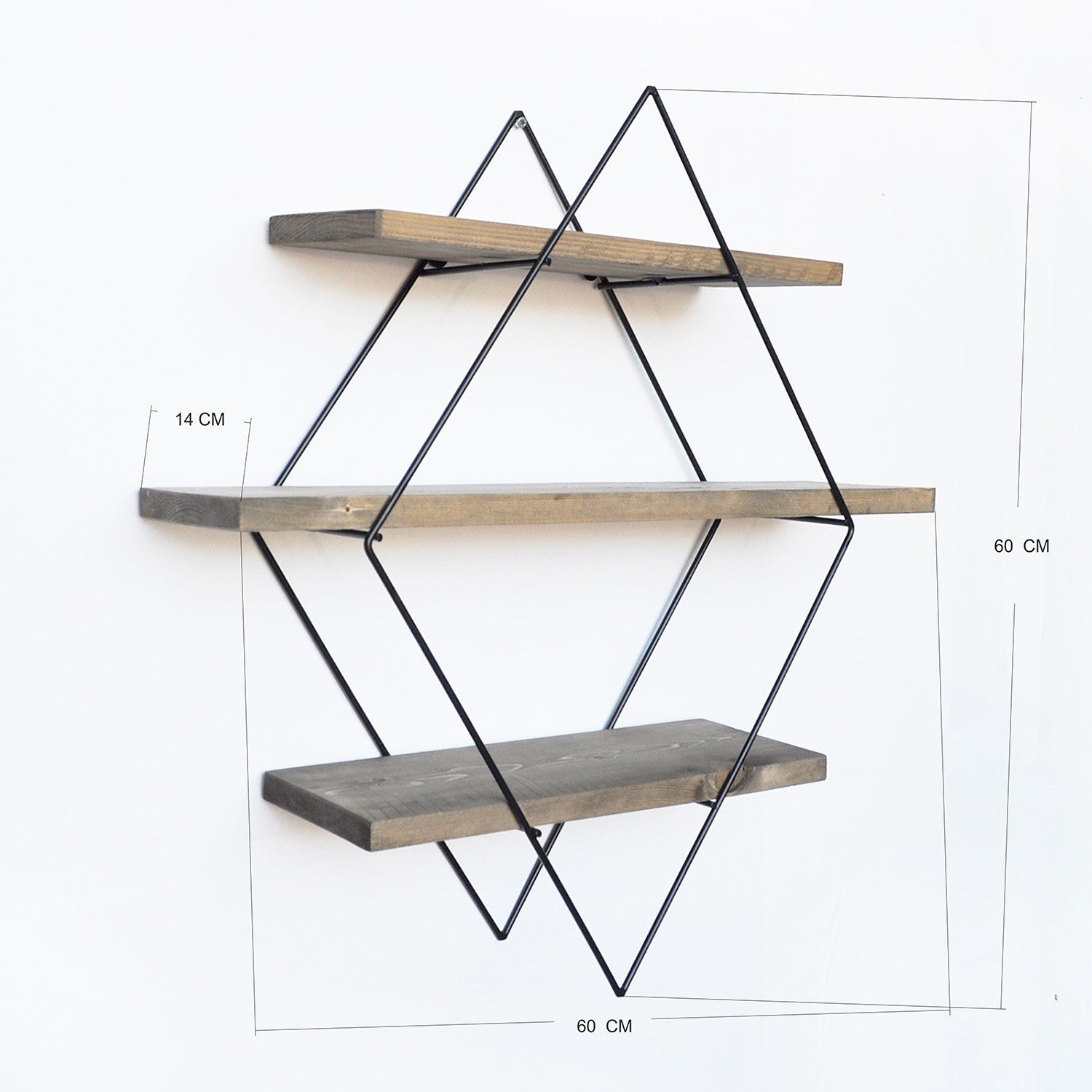 Prateleira decorativa de parede – 60 cm x 60 cm x 14 cm – Nogueira e Preto – Madeira de Abeto