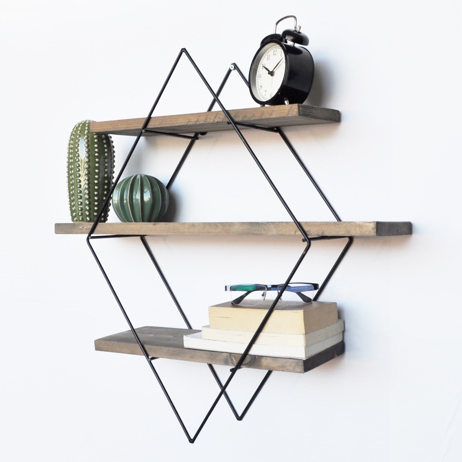 Prateleira decorativa de parede – 60 cm x 60 cm x 14 cm – Nogueira e Preto – Madeira de Abeto