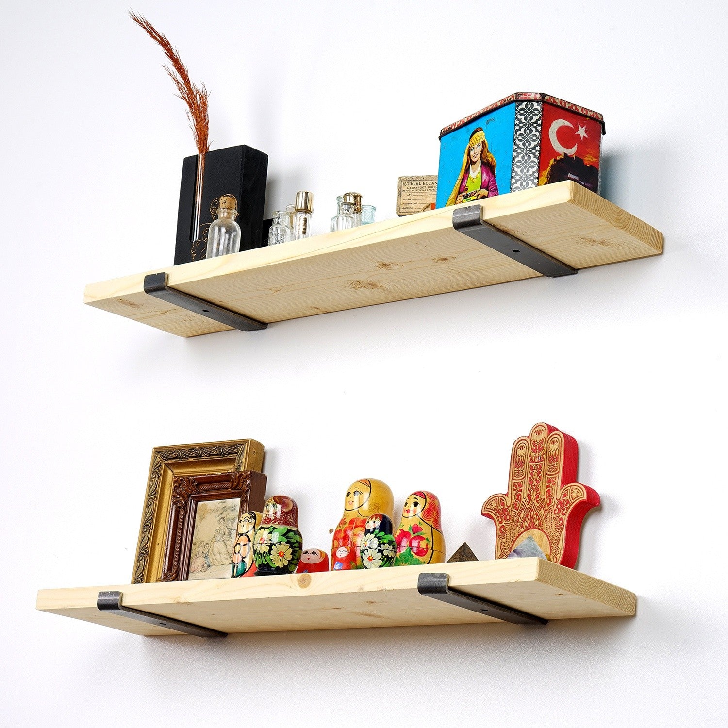 Prateleira de parede decorativa em madeira – 60 cm x 16 cm x 14 cm – Preto e Carvalho – 100% Madeira de Abeto