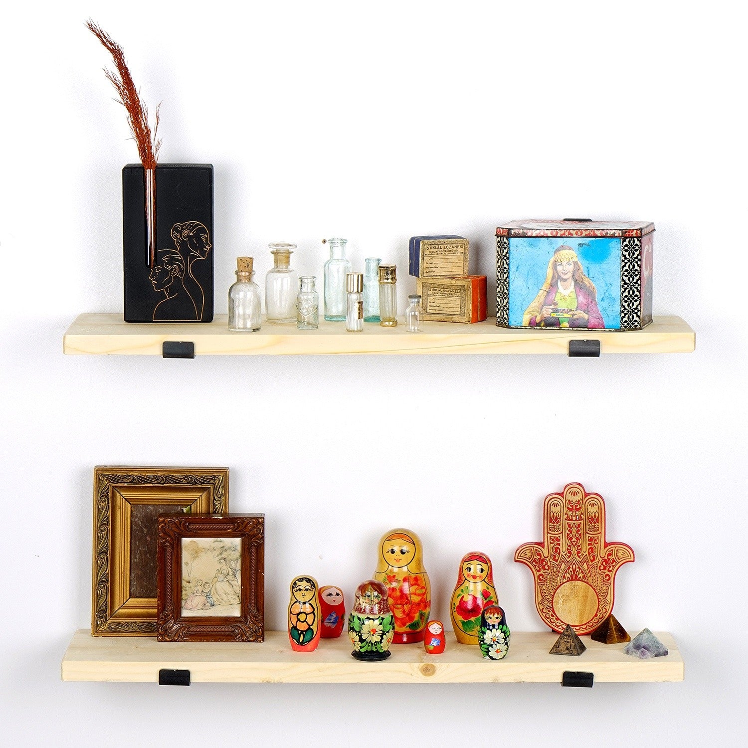 Prateleira de parede decorativa em madeira – 60 cm x 16 cm x 14 cm – Preto e Carvalho – 100% Madeira de Abeto
