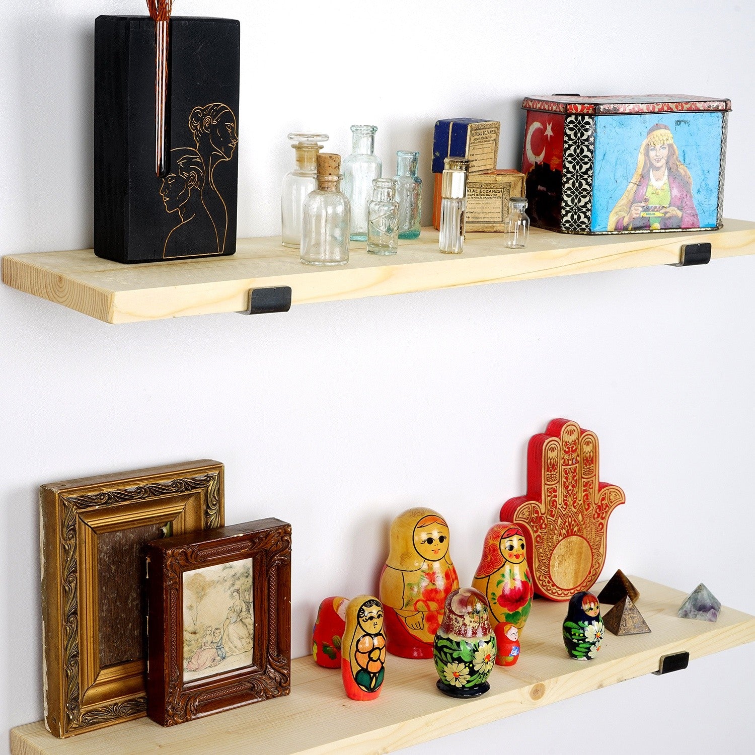Prateleira de parede decorativa em madeira – 60 cm x 16 cm x 14 cm – Preto e Carvalho – 100% Madeira de Abeto