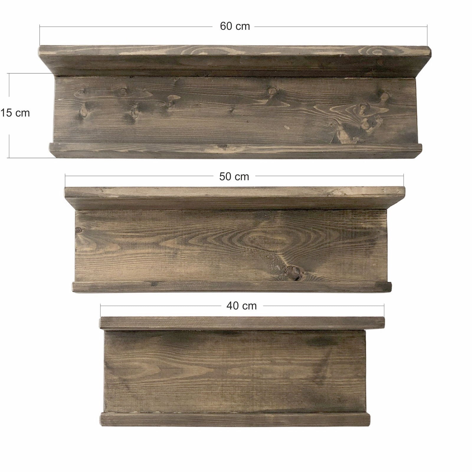 Prateleira de Parede – 60x15x8 cm, 50x15x8 cm, 40x15x8 cm – Nogueira – Madeira Maciça