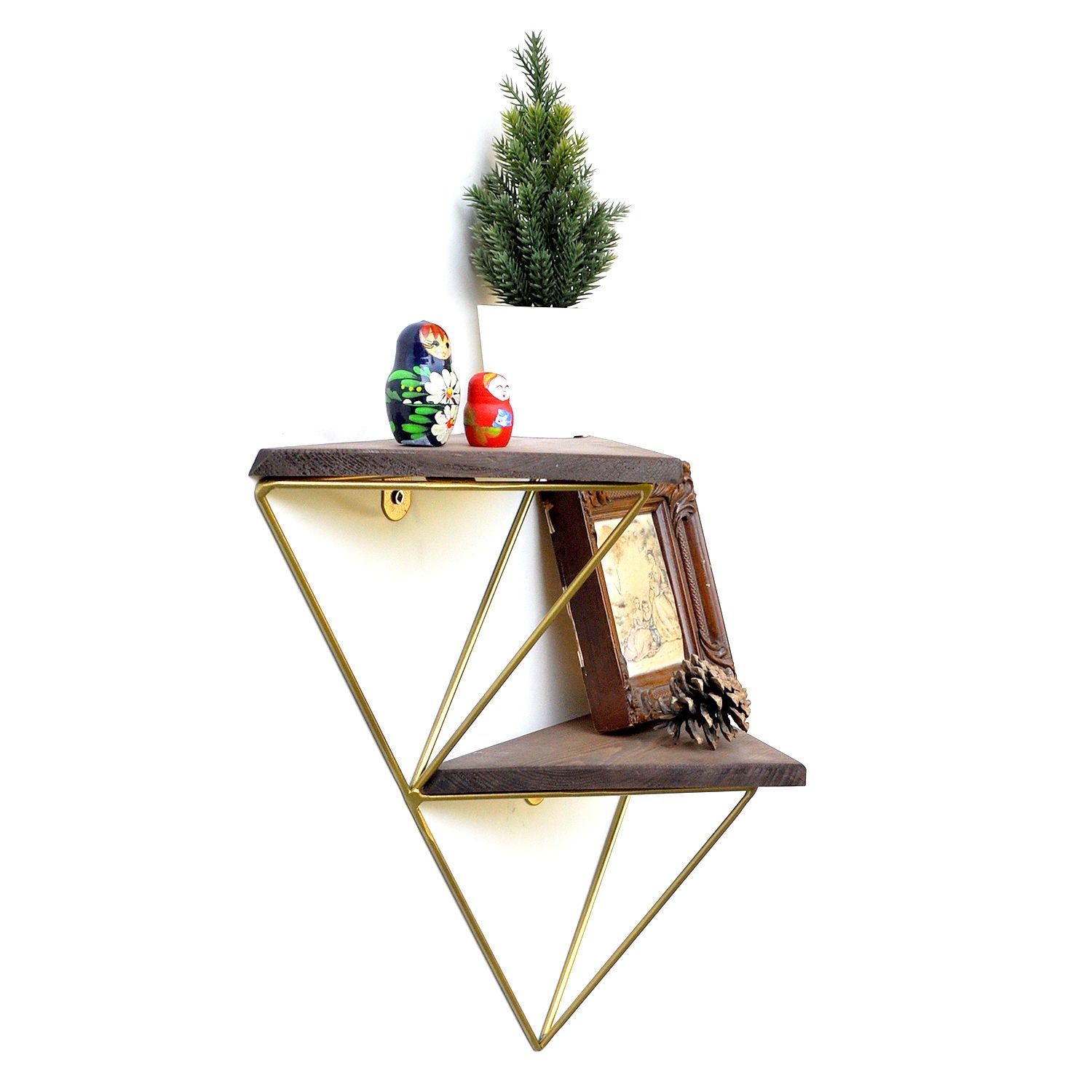 Prateleira de parede de madeira – 30 cm x 33 cm x 13 cm – Nogueira e dourado – Madeira maciça