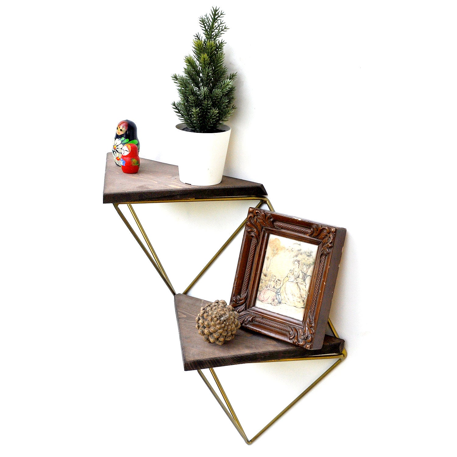 Prateleira de parede de madeira – 30 cm x 33 cm x 13 cm – Nogueira e dourado – Madeira maciça
