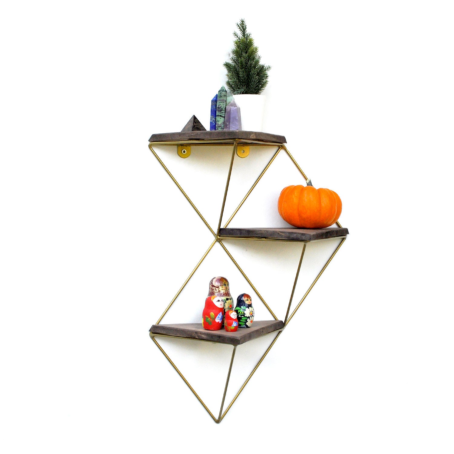 Prateleira decorativa de parede em madeira – 34 cm x 45 cm x 13 cm – Nogueira e Dourado