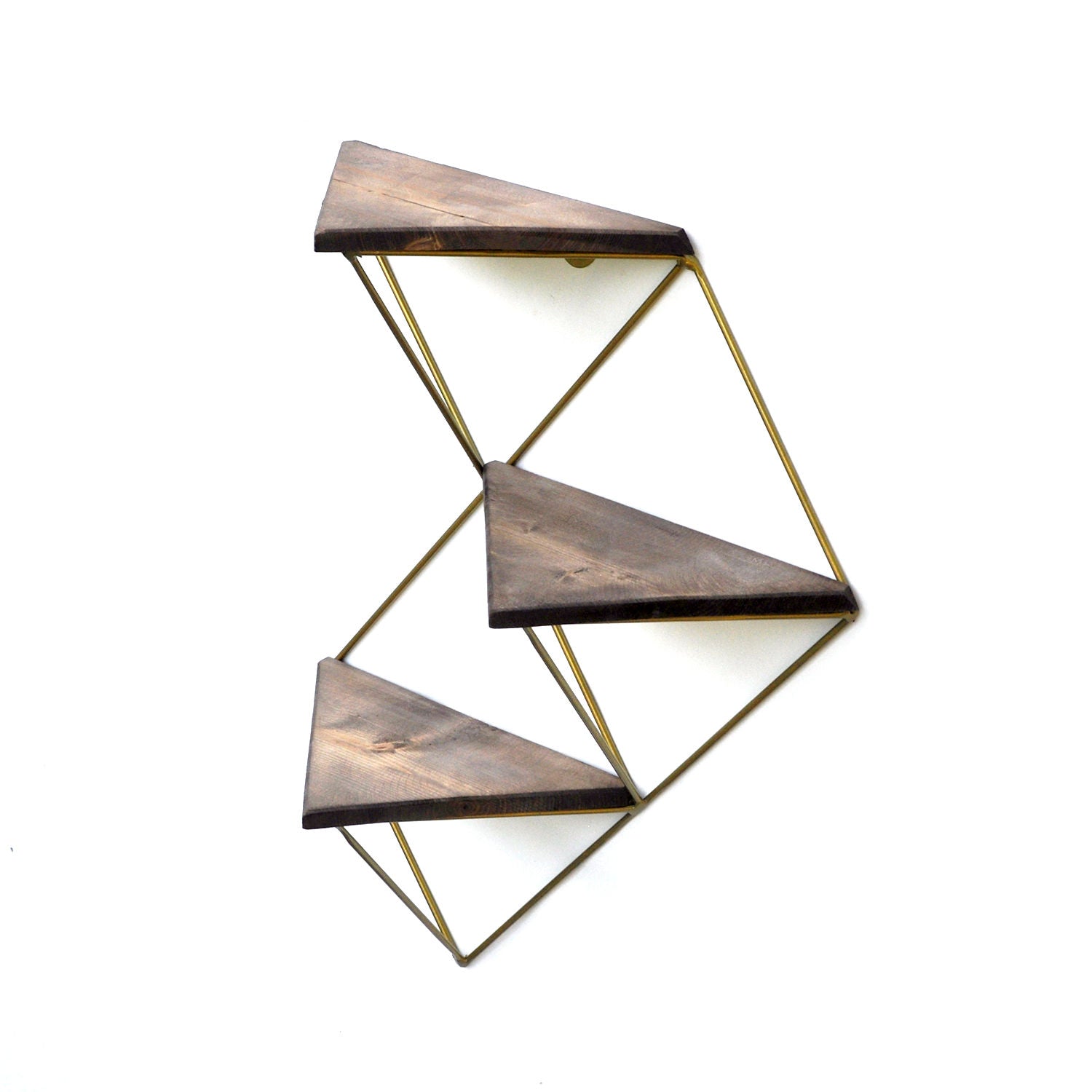 Prateleira decorativa de parede em madeira – 34 cm x 45 cm x 13 cm – Nogueira e Dourado