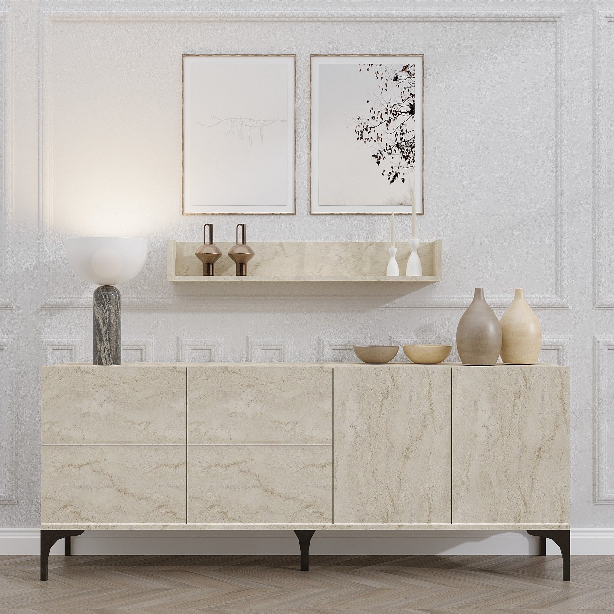 Aparador com Prateleira de Parede – 180 x 55 x 40 cm – Travertino – Revestido em Melamina
