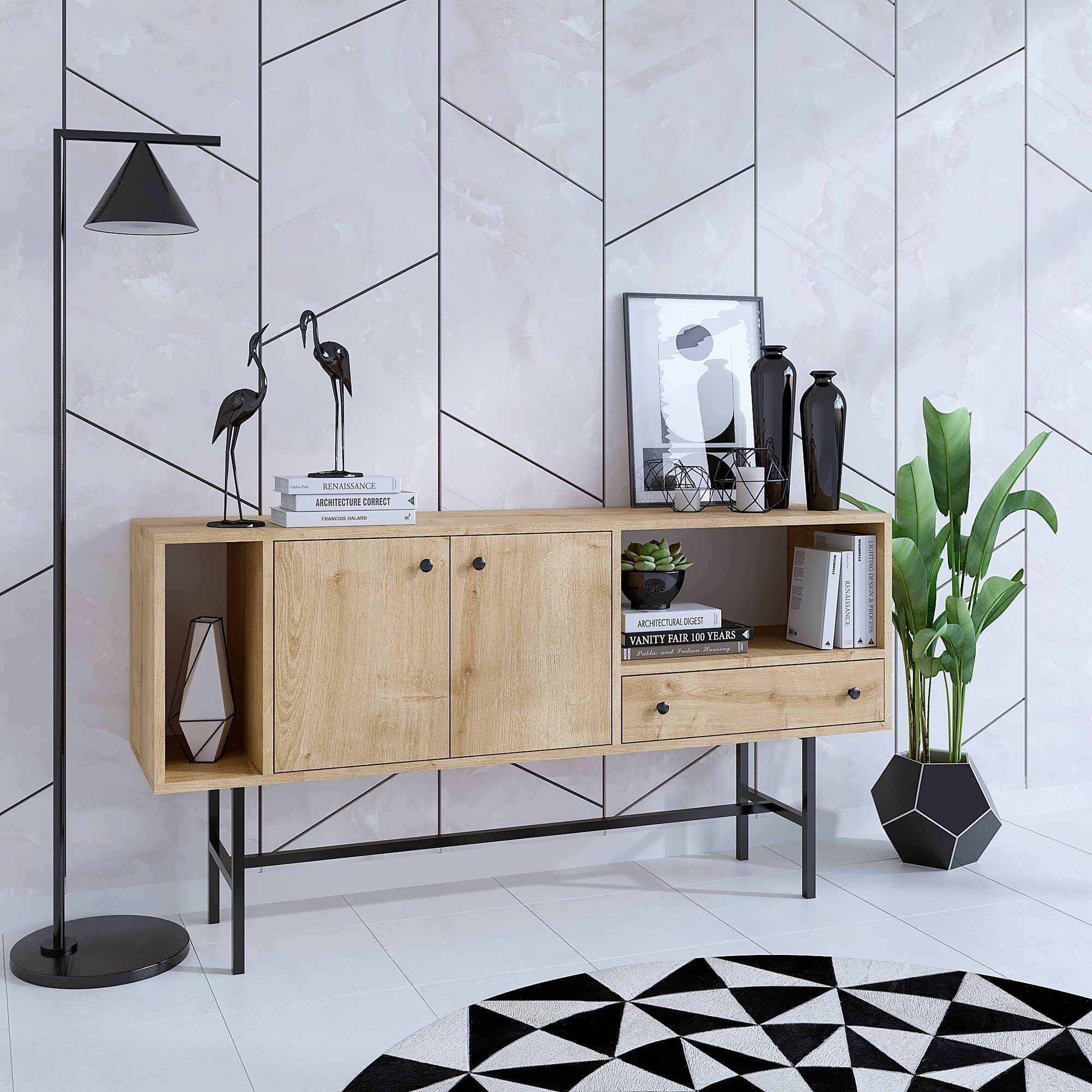 Aparador – 150 cm x 80 cm x 40 cm – Carvalho Safira e Preto – Aglomerado revestido de melamina
