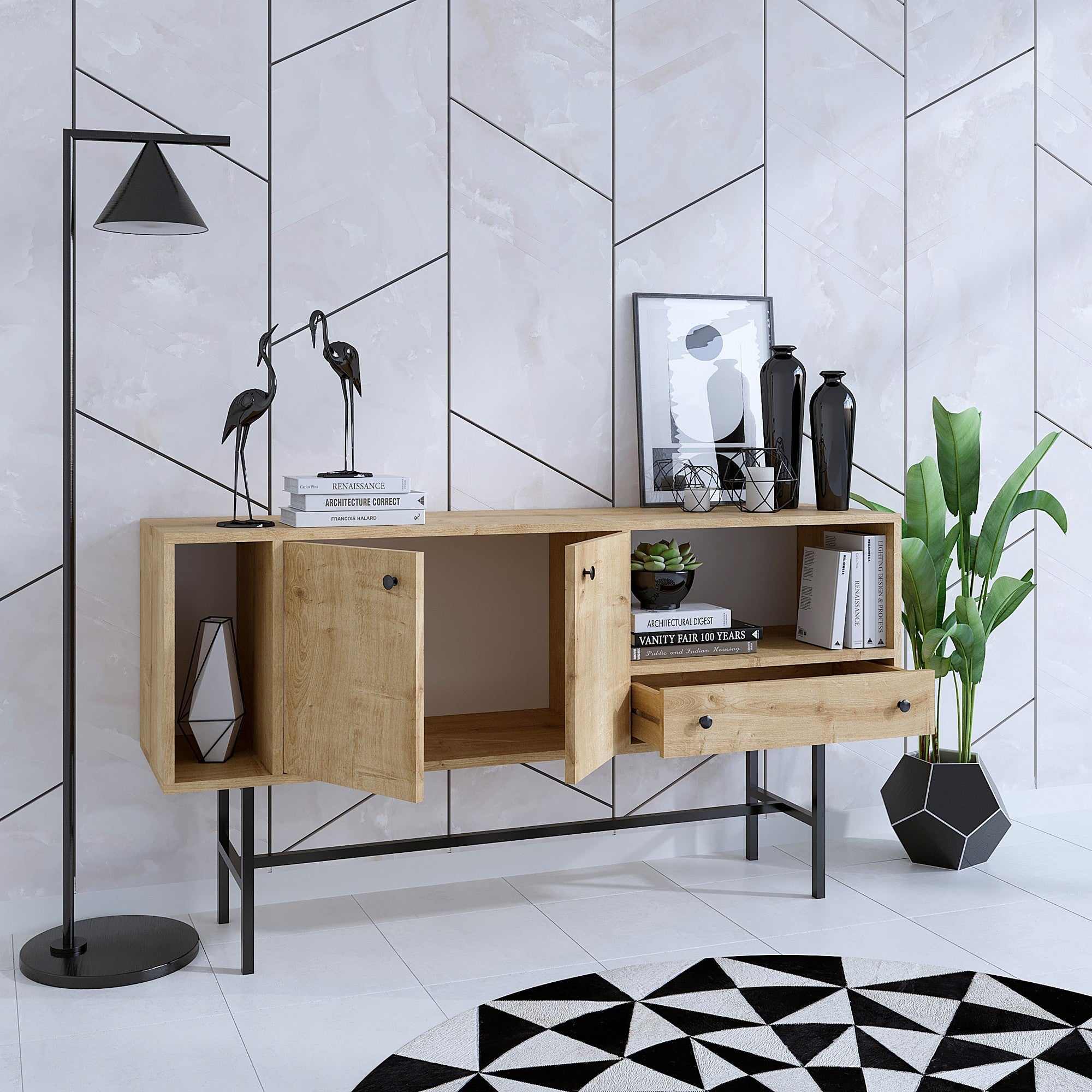 Aparador – 150 cm x 80 cm x 40 cm – Carvalho Safira e Preto – Aglomerado revestido de melamina