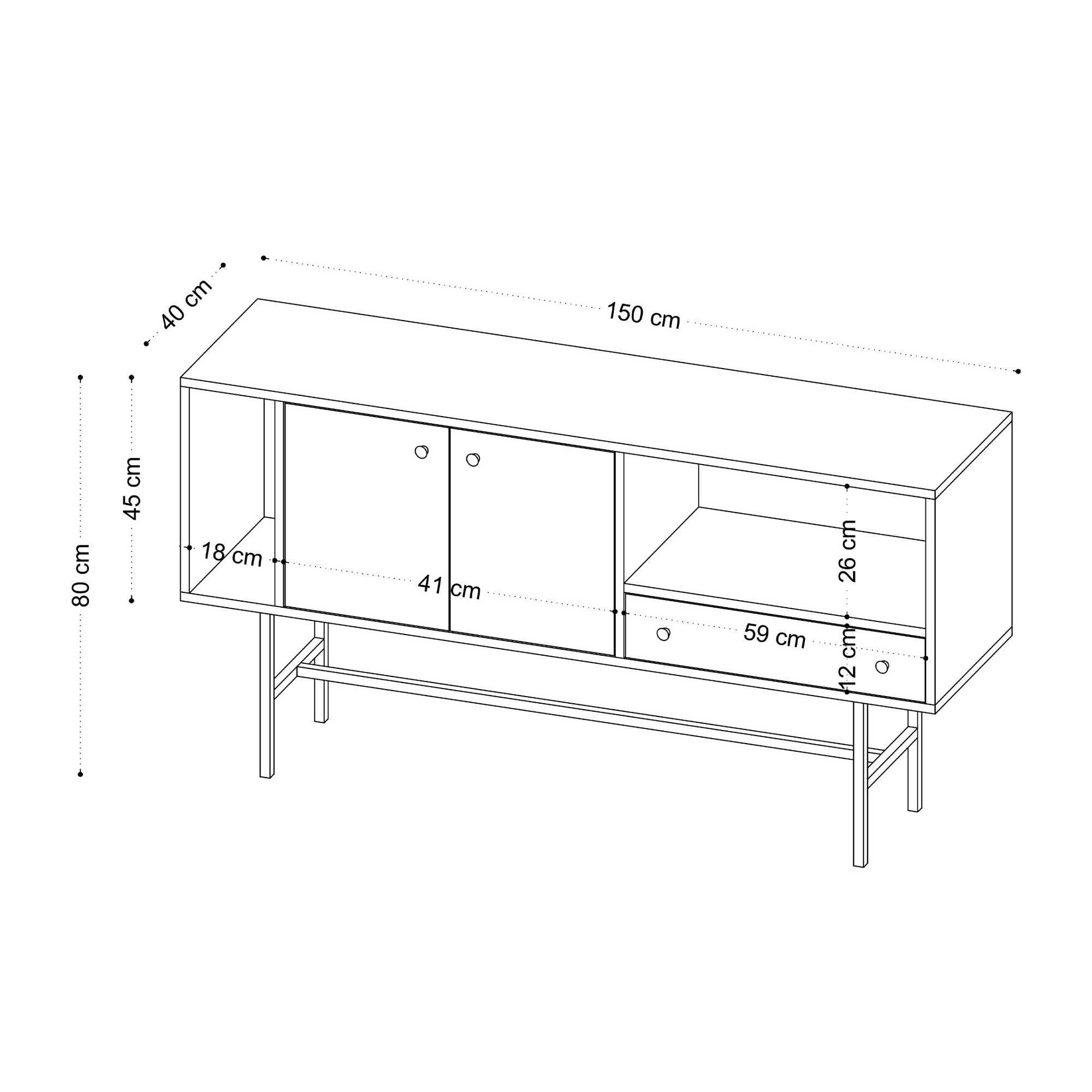 Aparador – 150 cm x 80 cm x 40 cm – Carvalho Safira e Preto – Aglomerado revestido de melamina