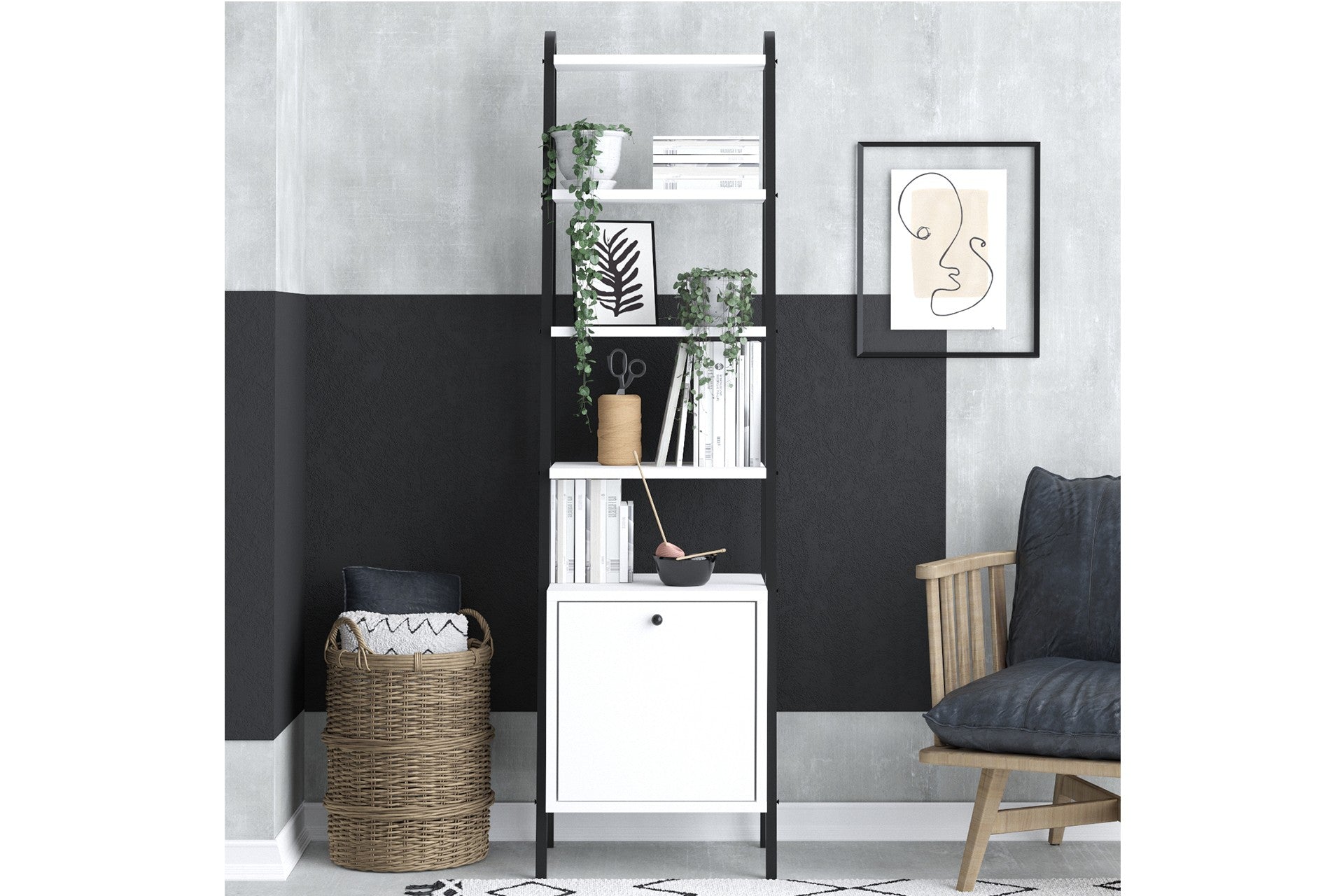 Estante de livros – 44 cm x 170 cm x 35 cm – Preto e Branco – Painel de partículas revestido em melamina