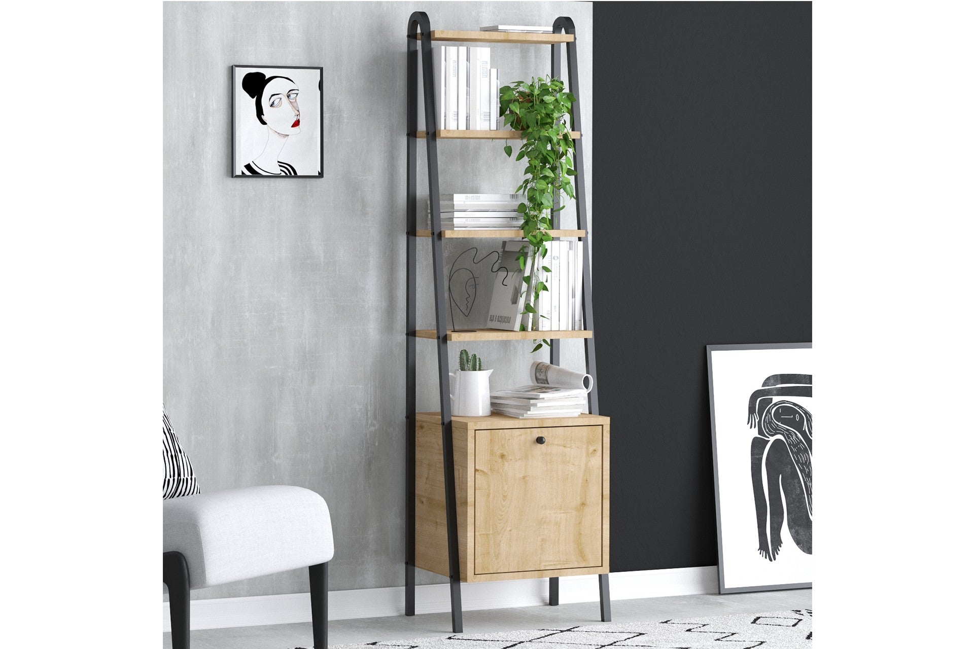 Estante de livros – 44cm x 170cm x 35cm – Carvalho Safira e Preto – Madeira Aglomerada