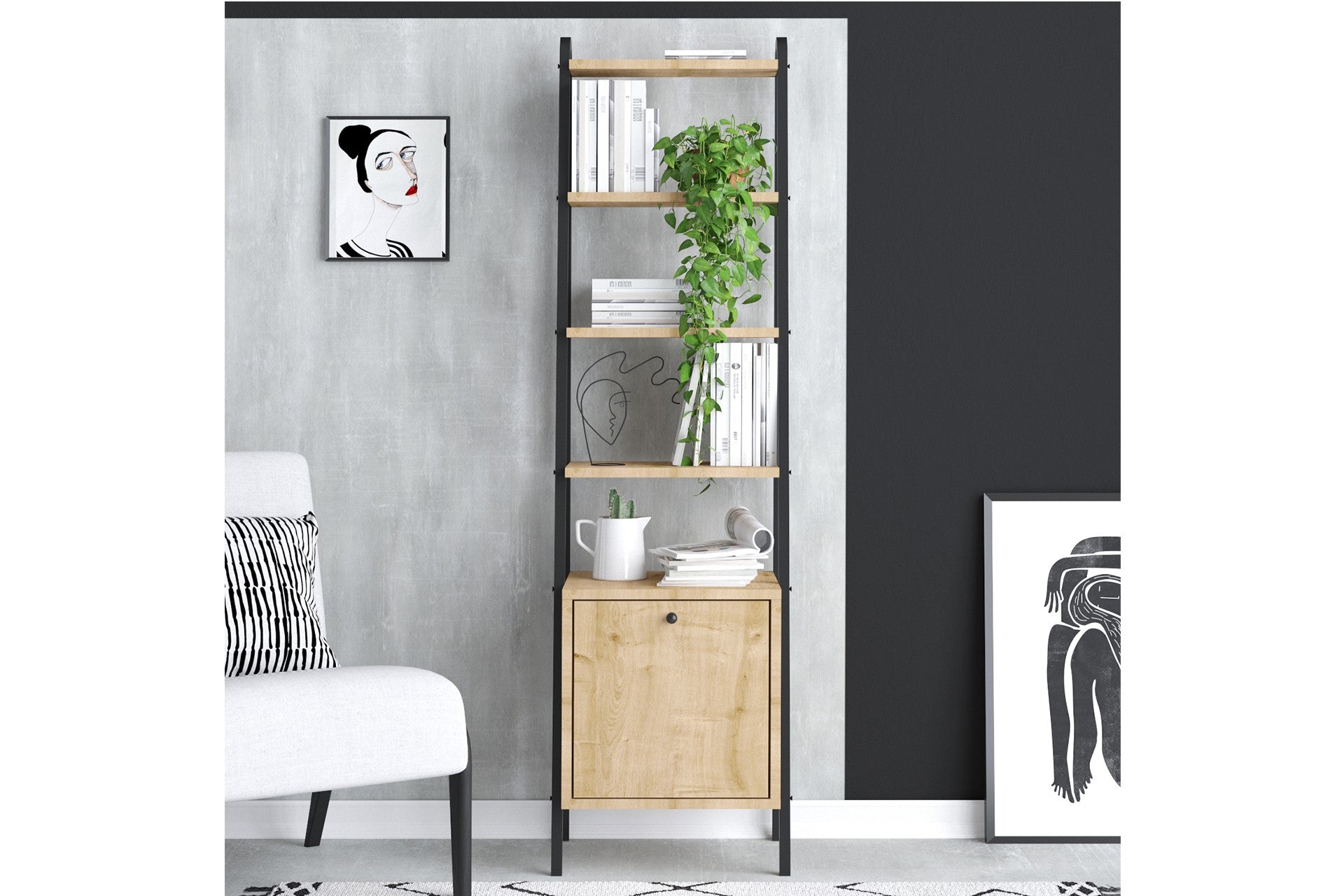 Estante de livros – 44cm x 170cm x 35cm – Carvalho Safira e Preto – Madeira Aglomerada