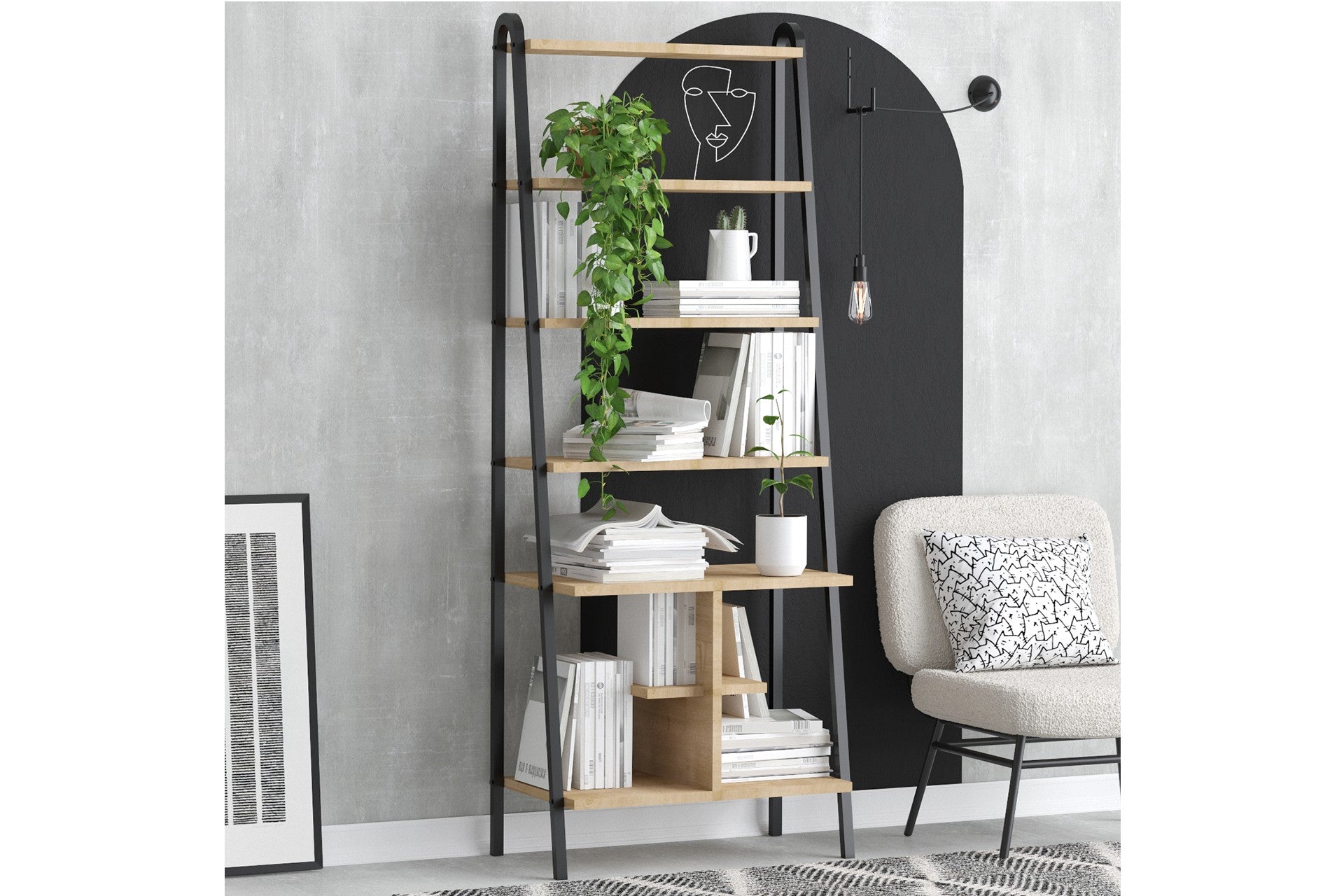 Estante de livros – 64cm x 170cm x 35cm – Carvalho Safira e Preto – MDF