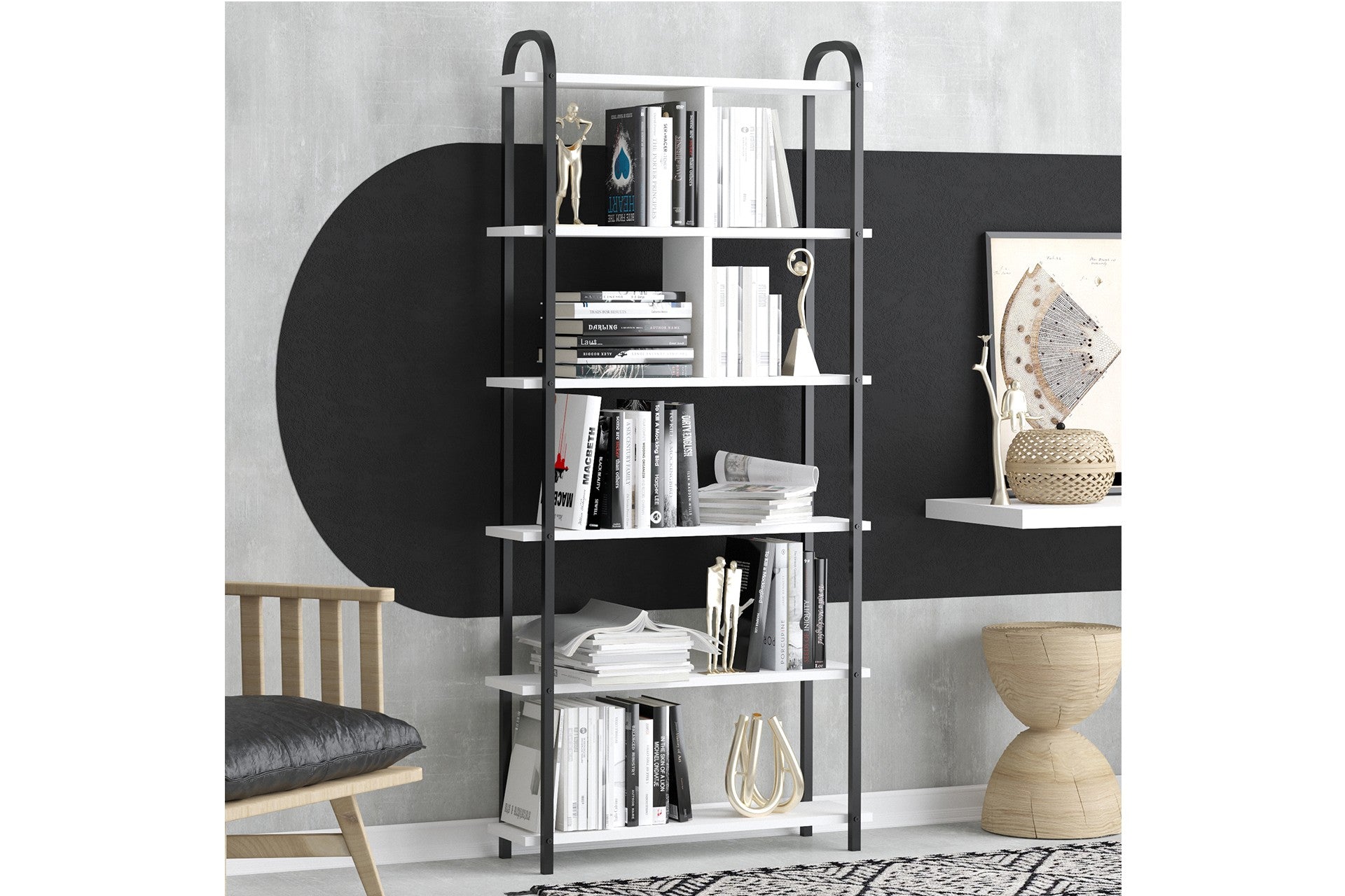 Estante de livros – 78cm x 170cm x 22cm – Preto e Branco – MDF