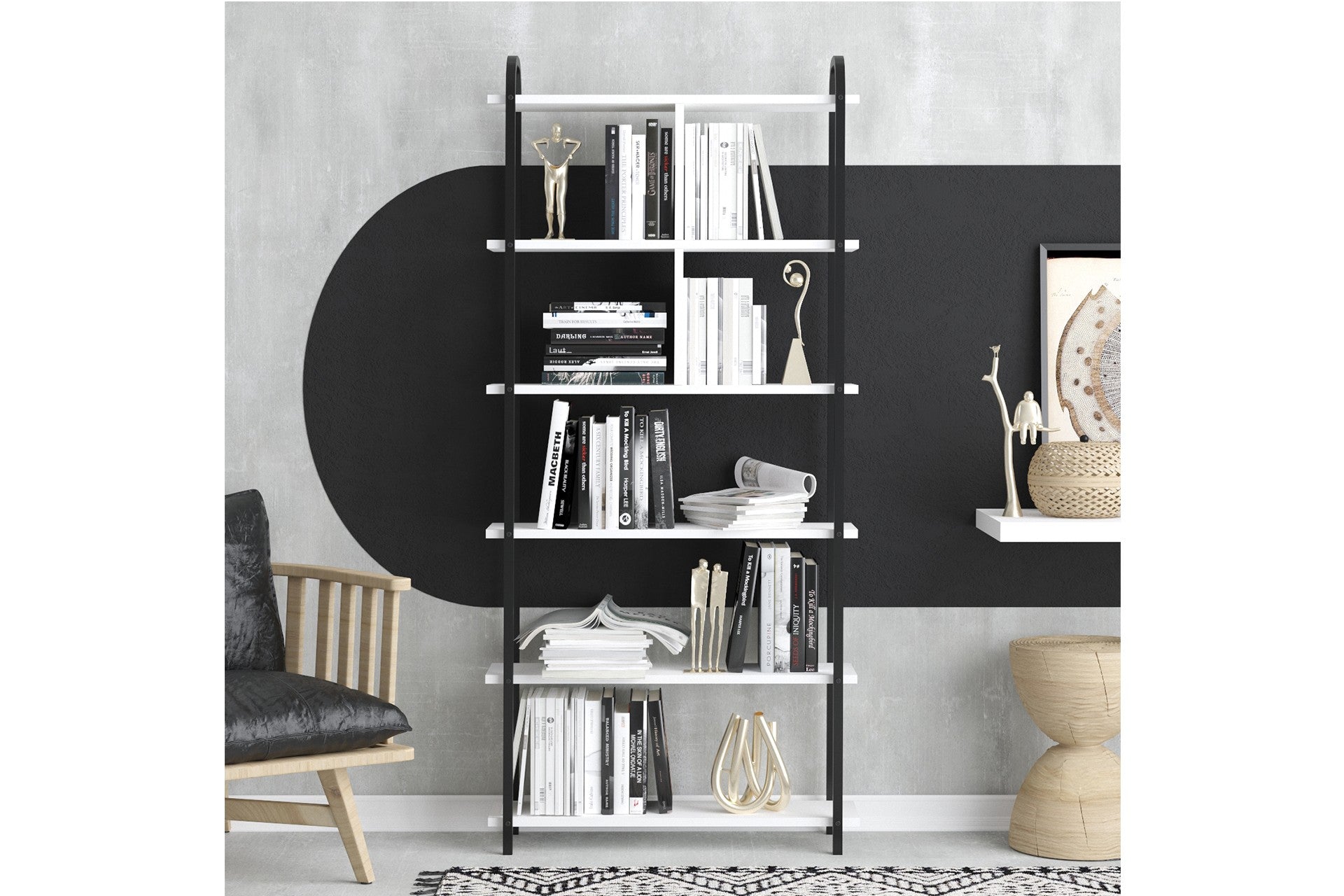 Estante de livros – 78cm x 170cm x 22cm – Preto e Branco – MDF