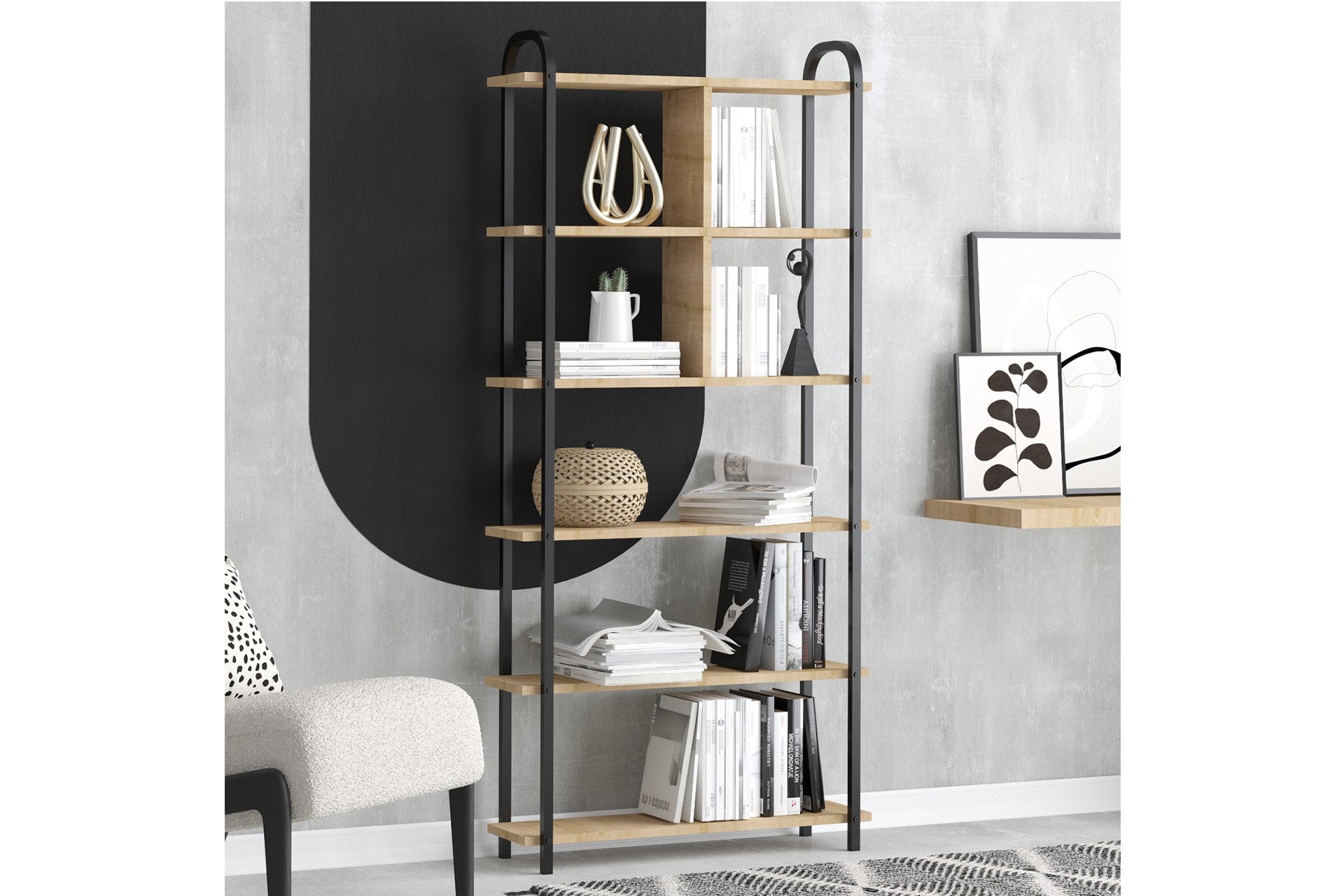 Estante de Livros – 78cm x 170cm x 22cm – Carvalho Safira e Preto – MDF