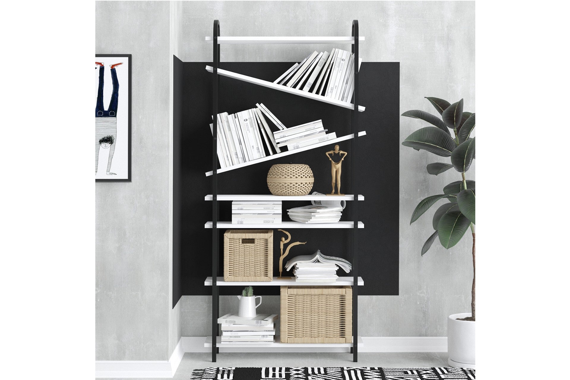 Estante de livros – 78cm x 170cm x 22cm – Preto e Branco – Madeira aglomerada