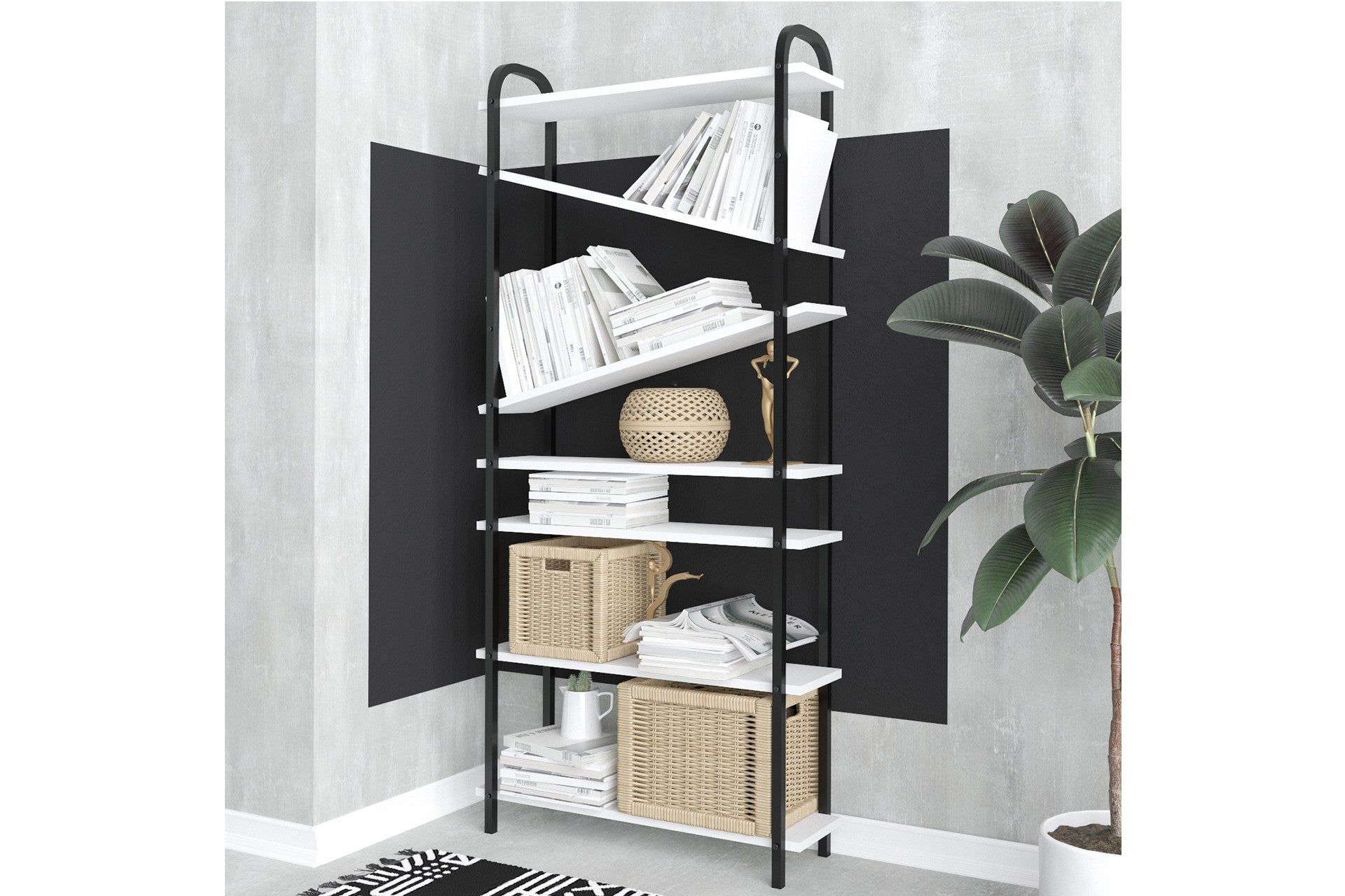 Estante de livros – 78cm x 170cm x 22cm – Preto e Branco – Madeira aglomerada