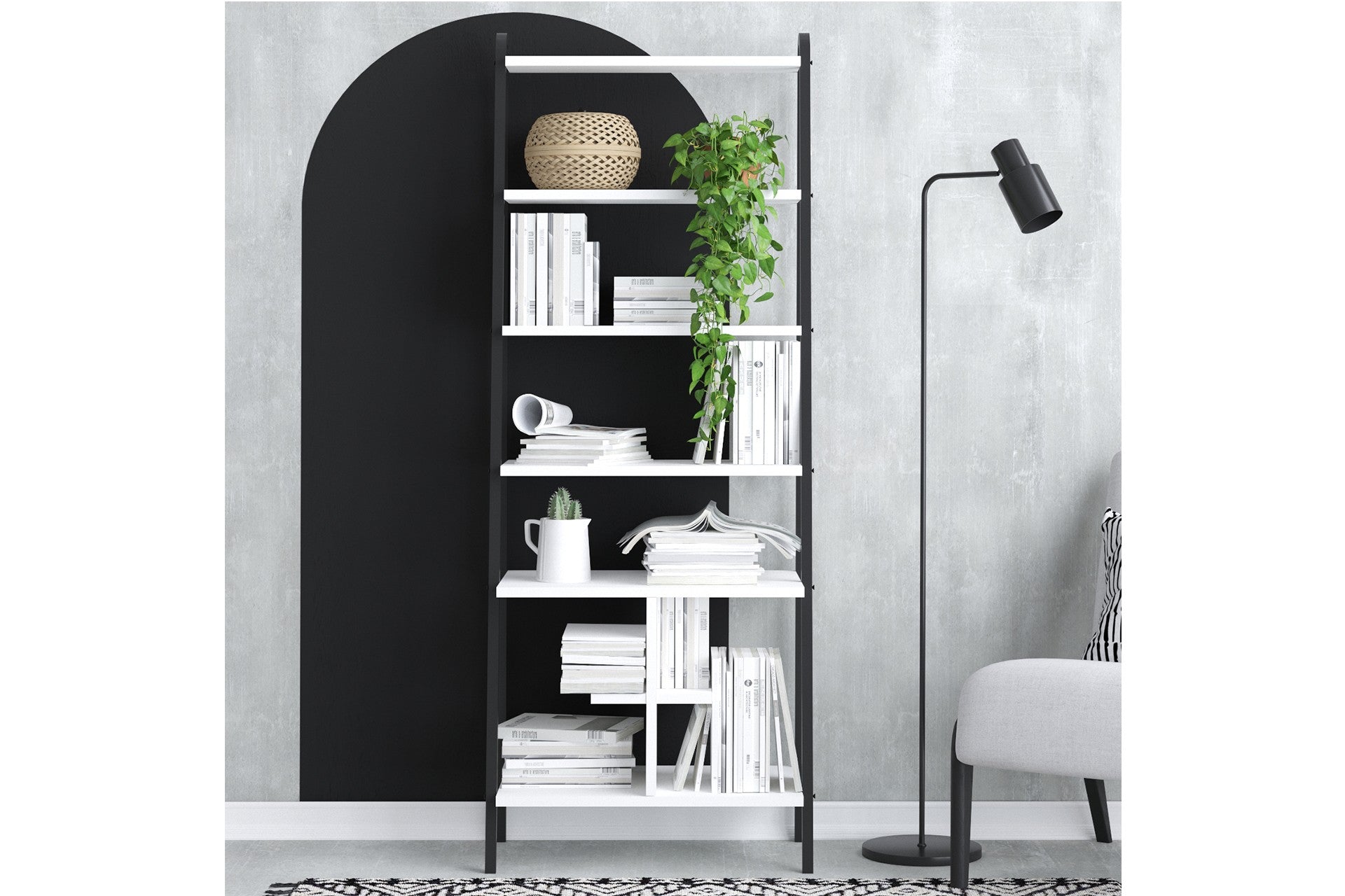 Estante de livros – 64cm x 170cm x 35cm – Preto e Branco – MDF