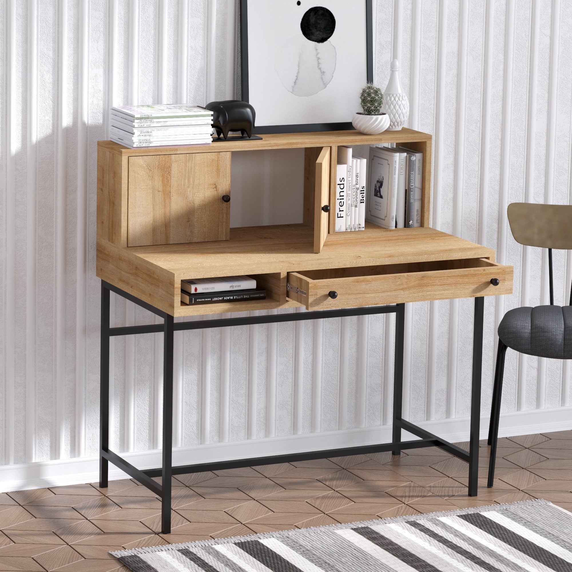 Secretária de Estudo – 100 cm x 60 cm x 103 cm – Carvalho Safira e Preto – MDF