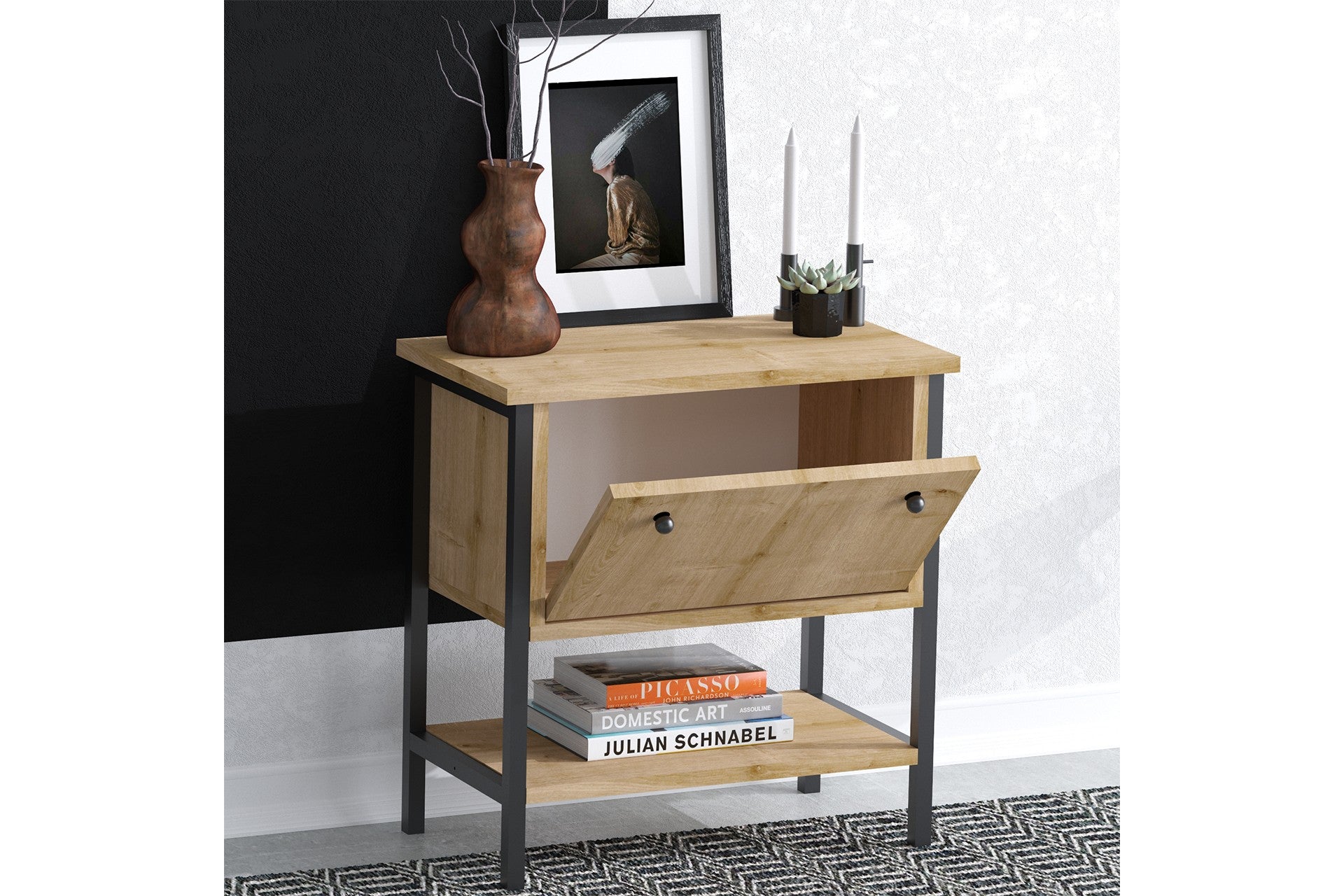 Mesa de cabeceira – 55 cm x 57 cm x 31 cm – Carvalho Safira e Preto – MDF