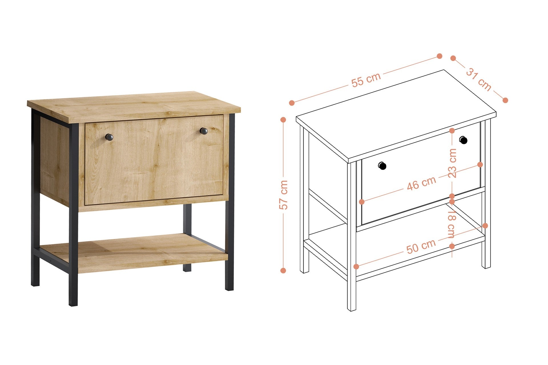 Mesa de cabeceira – 55 cm x 57 cm x 31 cm – Carvalho Safira e Preto – MDF