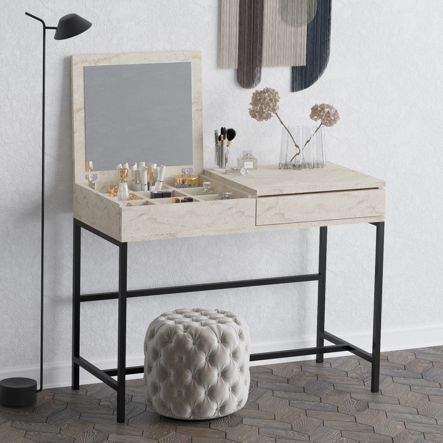 Toucador – 100 cm x 45 cm x 75 cm – Travertino – Painel de Partículas Revestido a Melamina