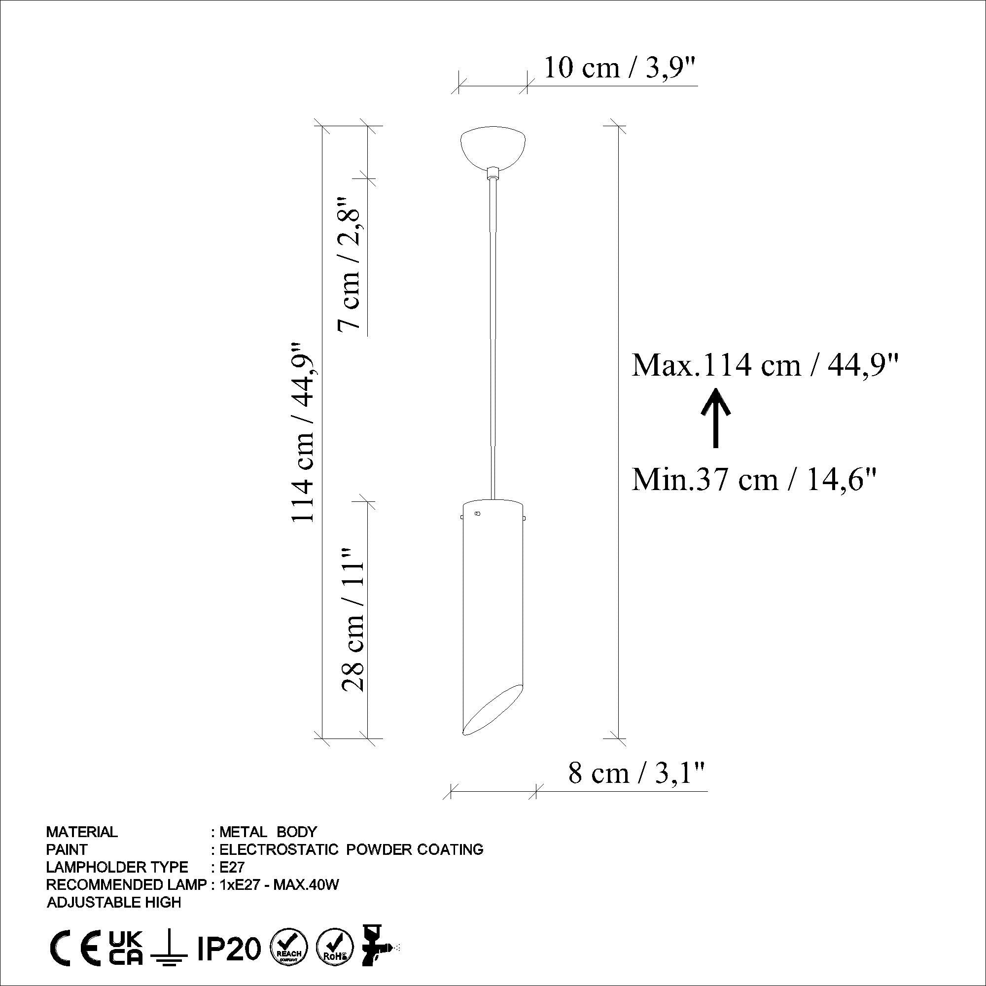 Candeeiro de Teto elegante ajustável – Ø8 x 28 cm – acabamento antiquado – metal